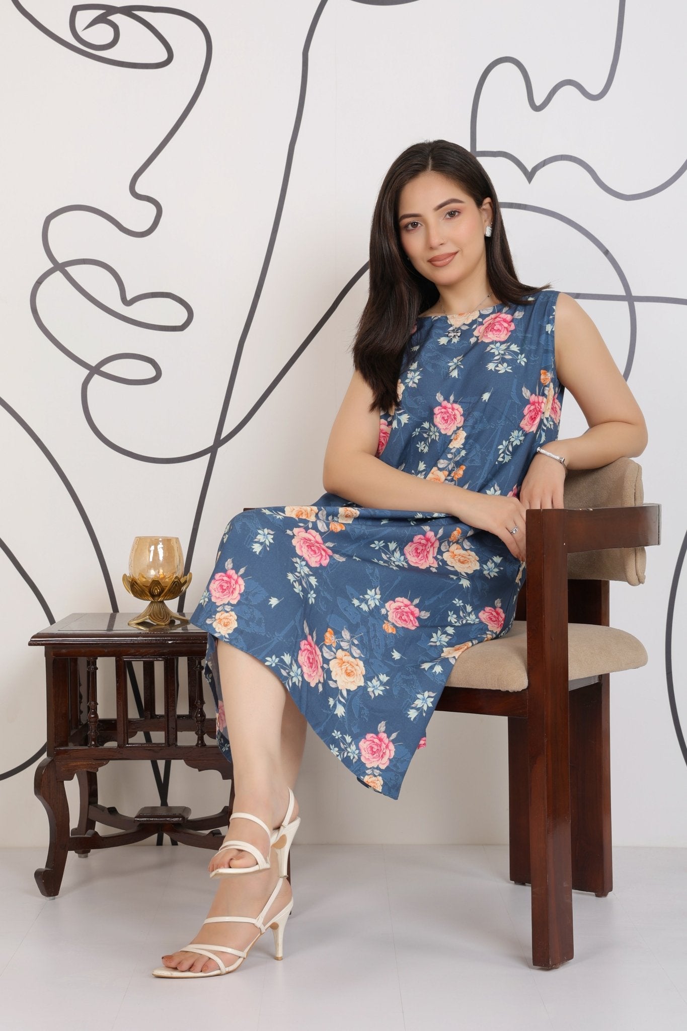 Navy rayon Printed Flare Dress [100% pure rayon ] -Cotton midi dress