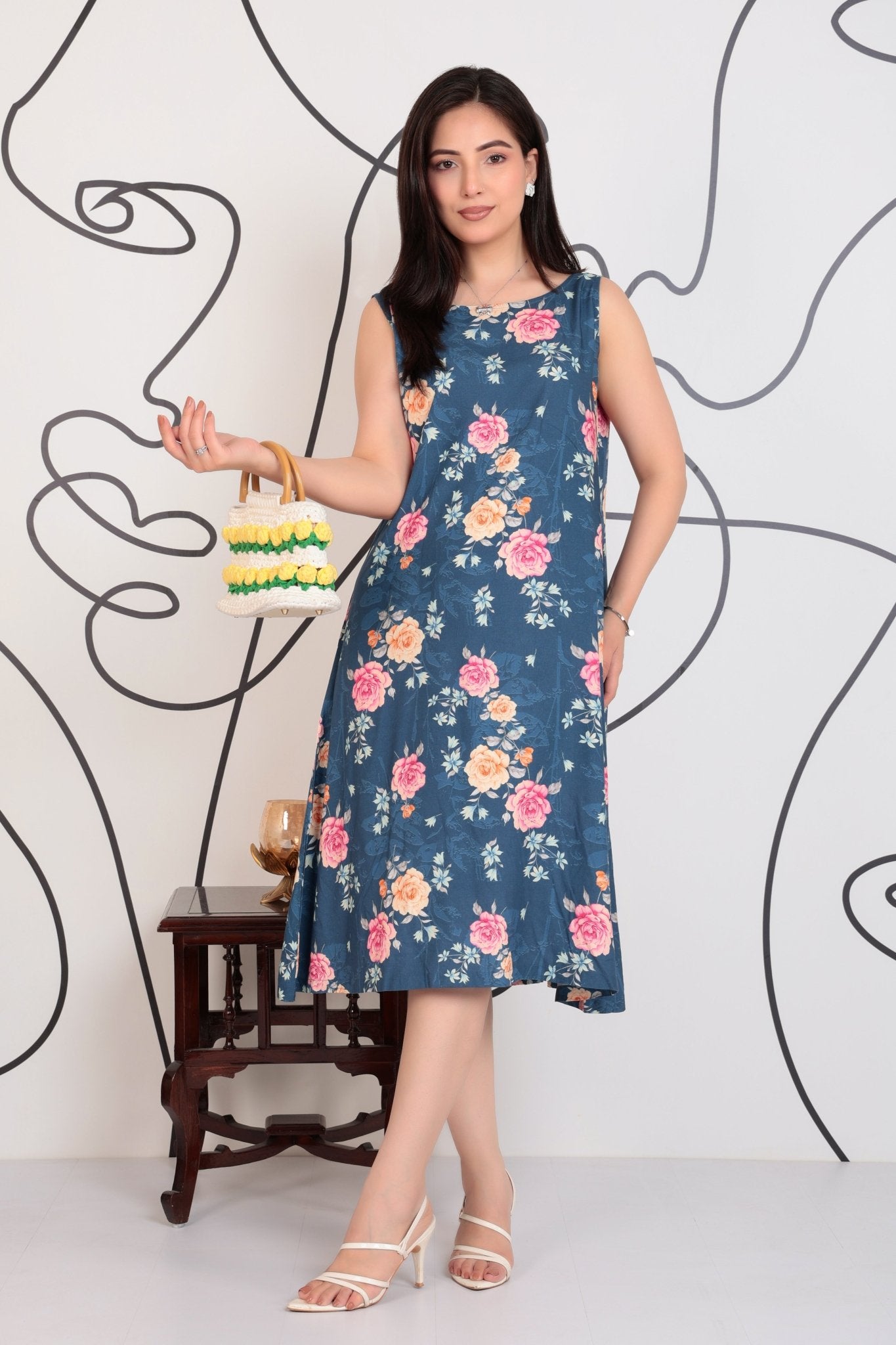 Navy rayon Printed Flare Dress [100% pure rayon ] -Cotton midi dress