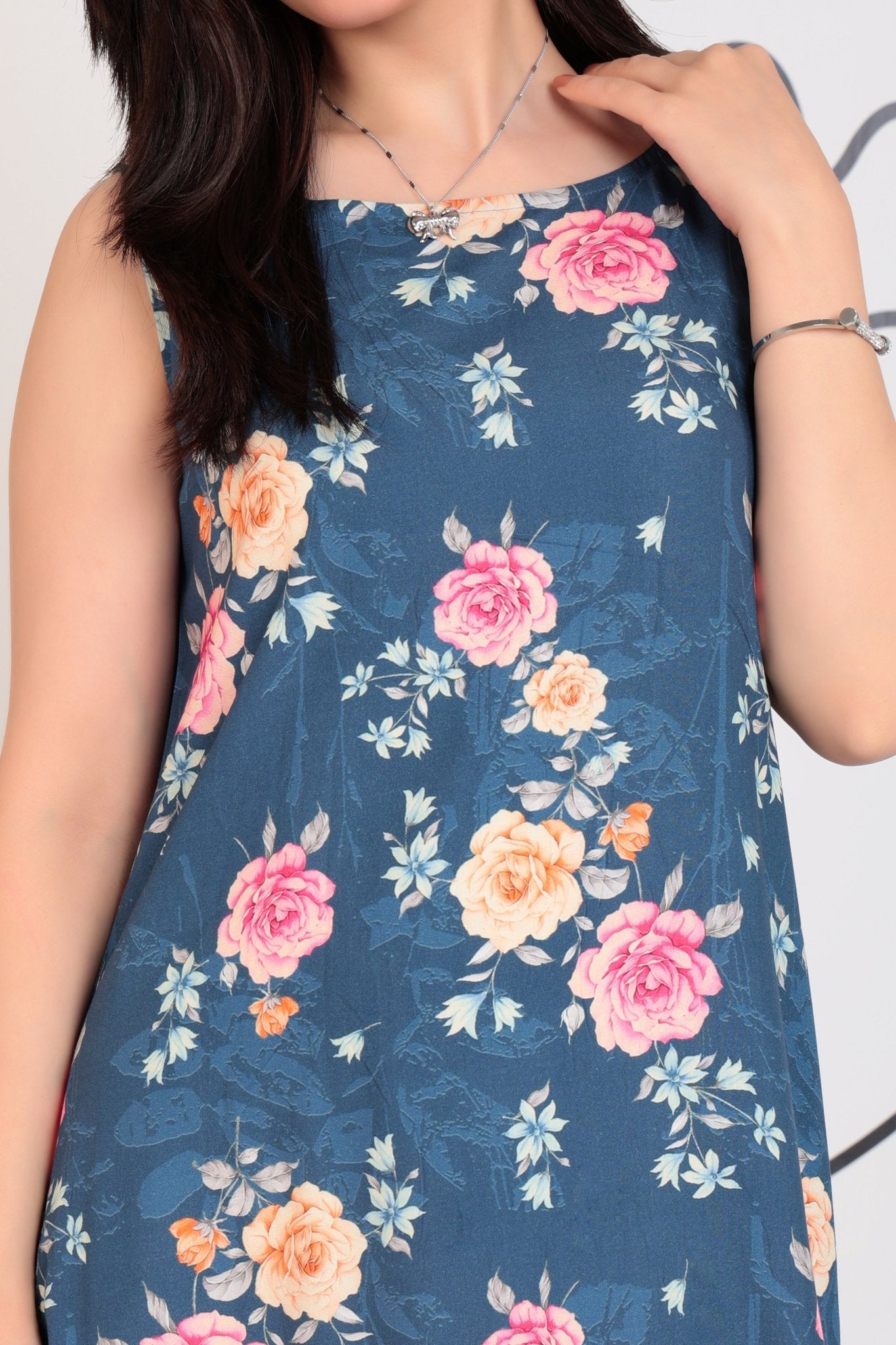 Navy rayon Printed Flare Dress [100% pure rayon ] -Cotton midi dress