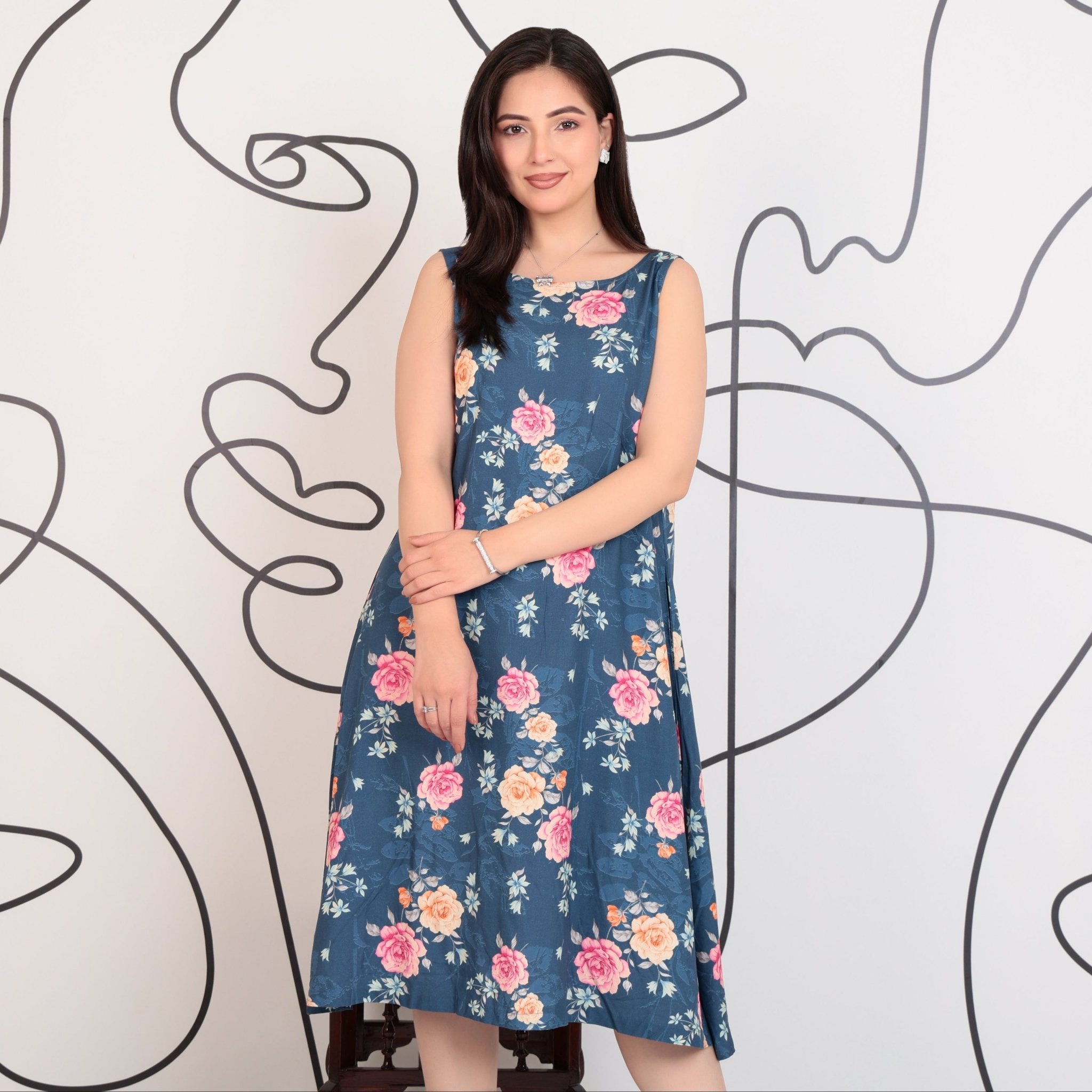 Navy rayon Printed Flare Dress [100% pure rayon ] -Cotton midi dress