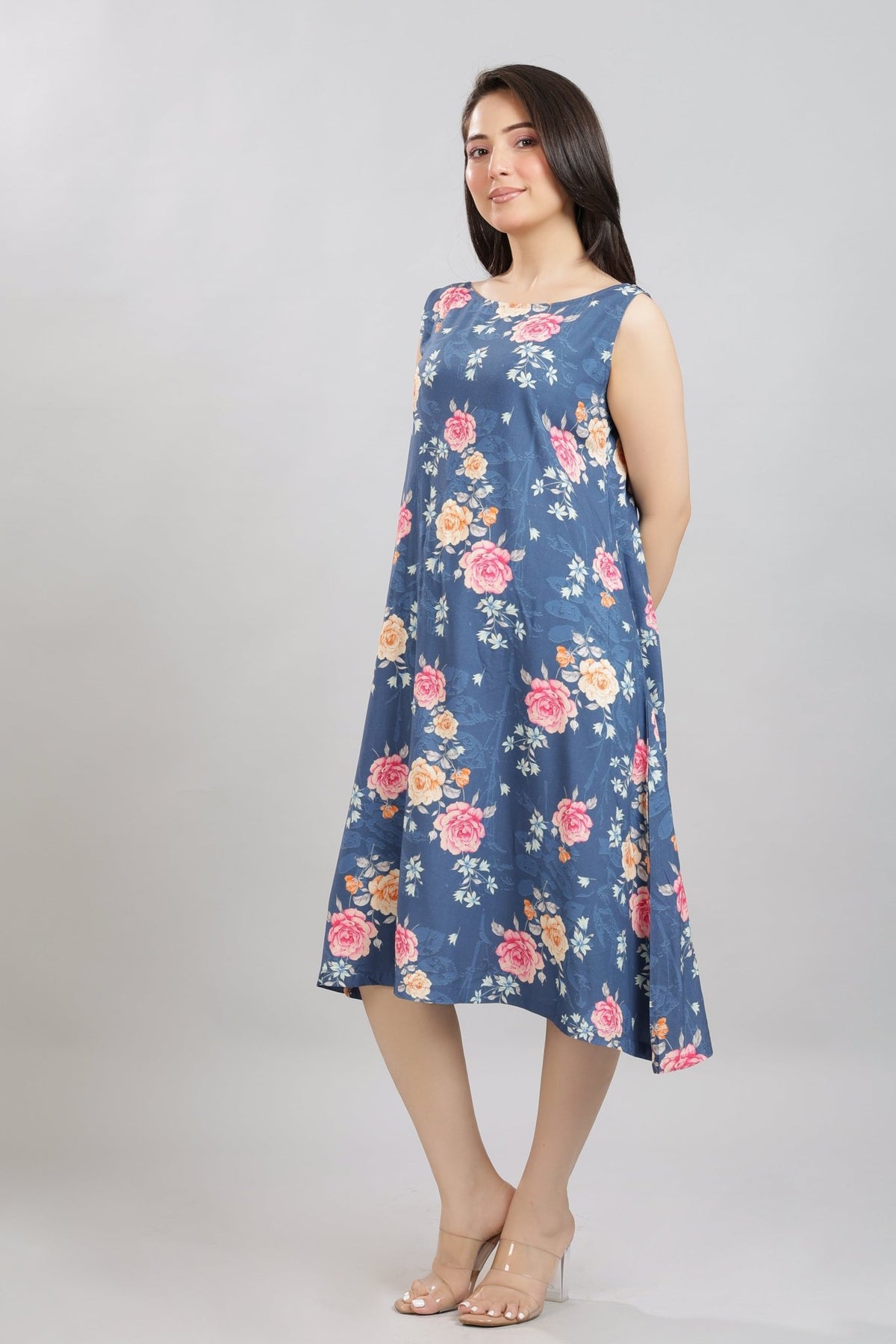 Navy rayon Printed Flare Dress [100% pure rayon ] -Cotton midi dress