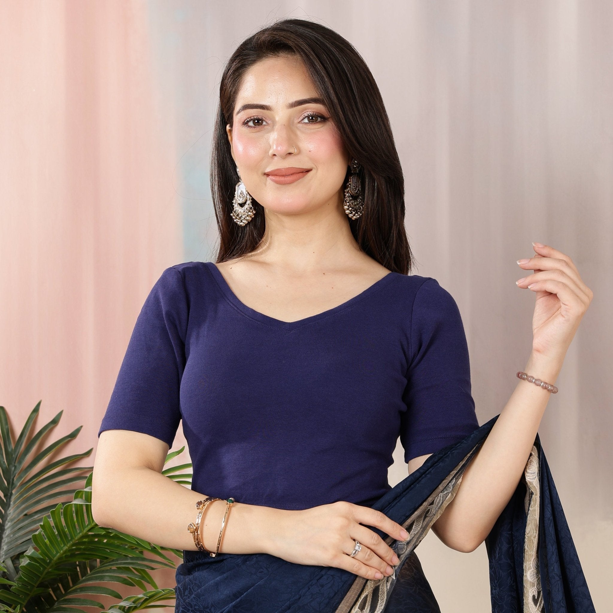 Navy Rib Blouse [ 100% USA HQ Cotton, 280 GSM non transparent fabric ] -Rib blouse