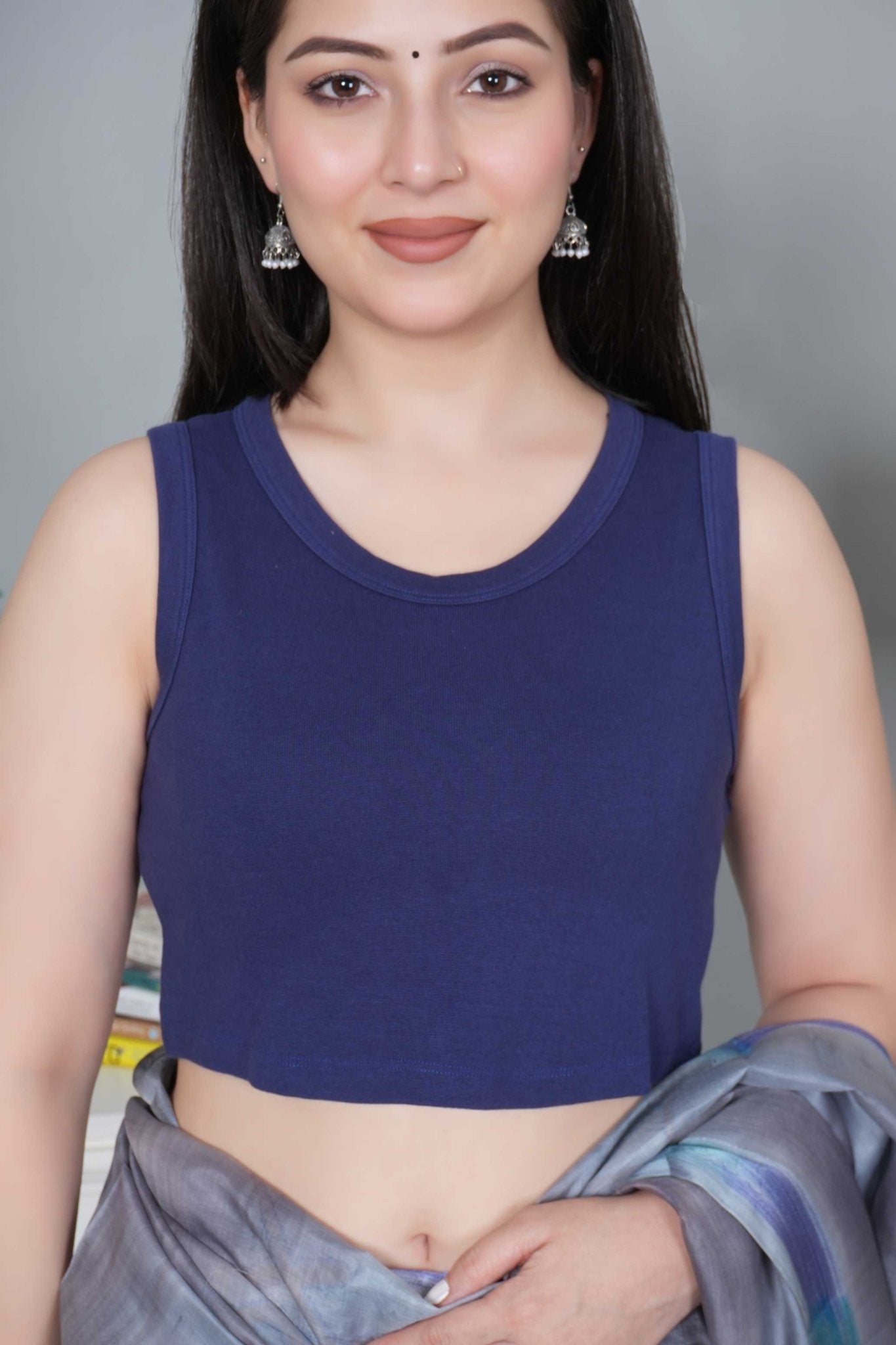 Navy Rib Crop Blouse [ 100% USA HQ Cotton, 280 GSM non transparent fabric ] - Rib crop blouse