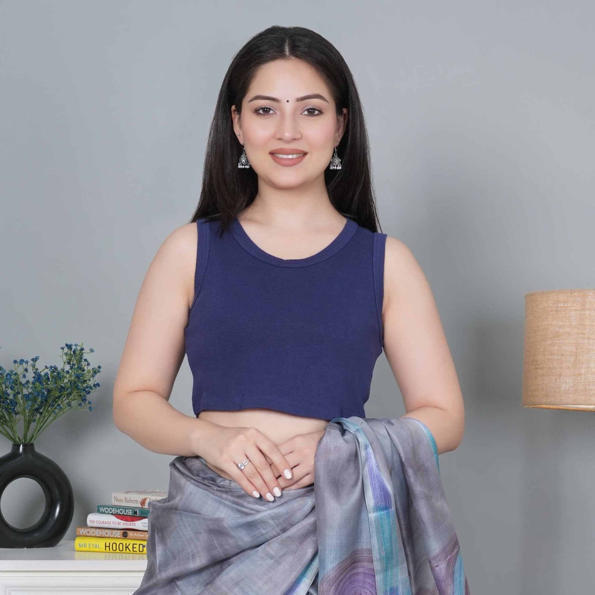 Navy Rib Crop Blouse [ 100% USA HQ Cotton, 280 GSM non transparent fabric ] - Rib crop blouse