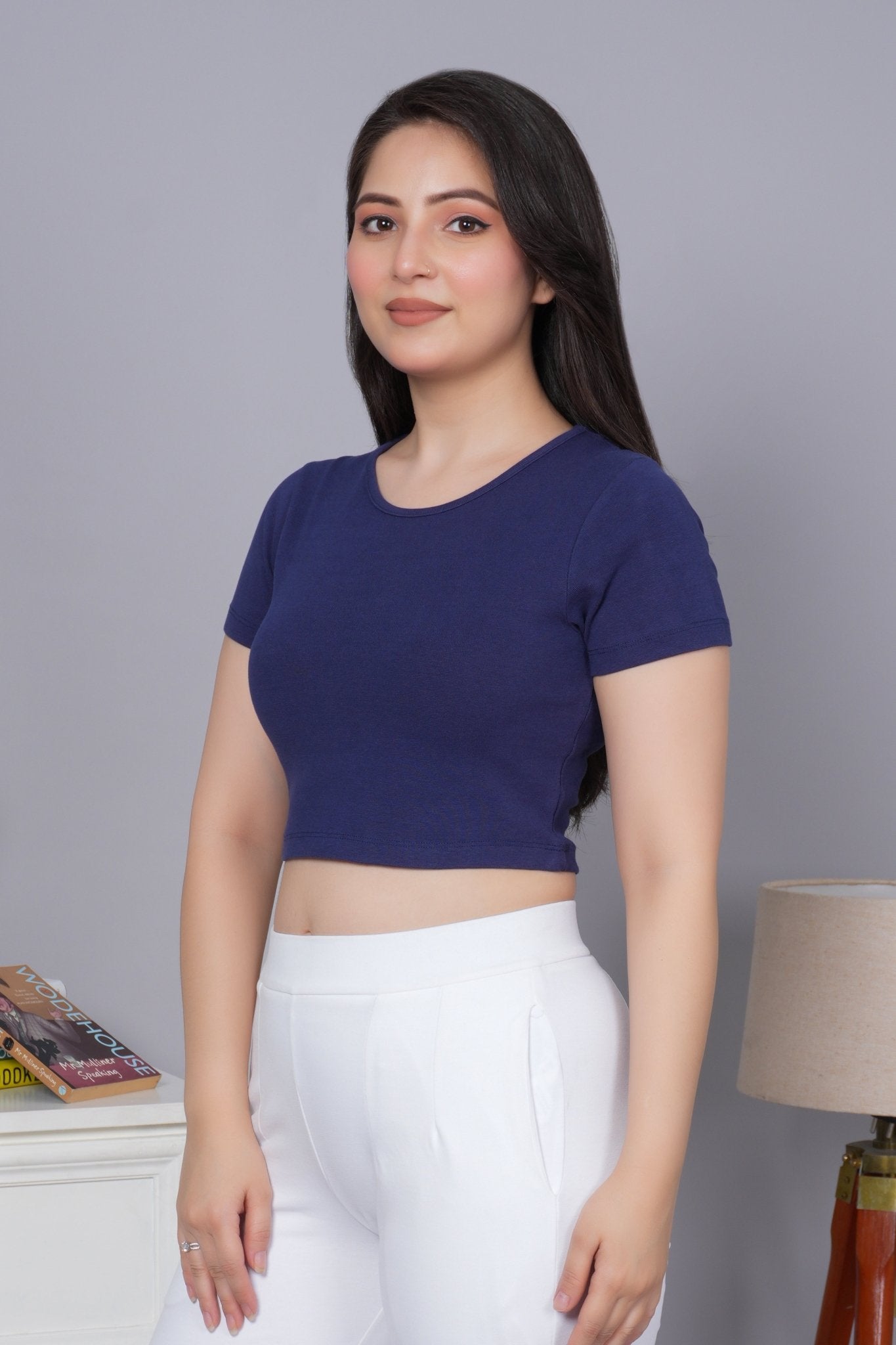 Navy Rib Crop T Shirt [ 100% USA HQ Cotton, 280 GSM non transparent fabric ] - Rib crop t shirt