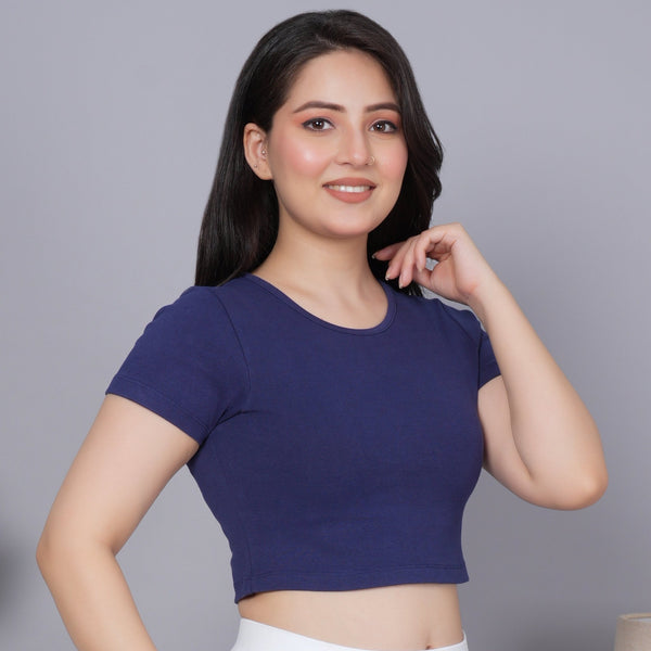 Navy Rib Crop T Shirt [ 100% USA HQ Cotton, 280 GSM non transparent fabric ] - Rib crop t shirt