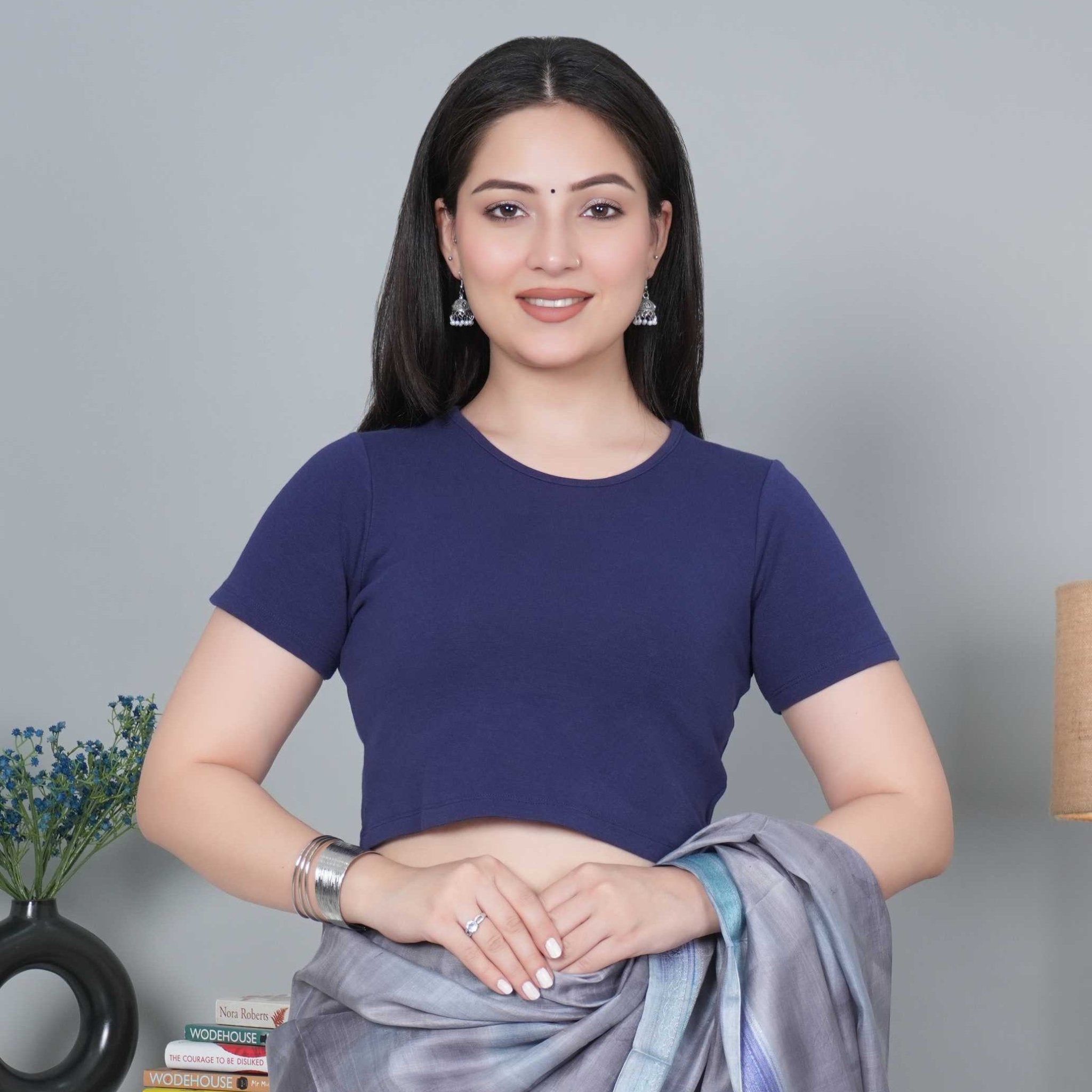 Navy Rib Crop Tshirt Blouse [ 100% USA HQ Cotton, 280 GSM non transparent fabric ] - Rib crop tshirt blouse