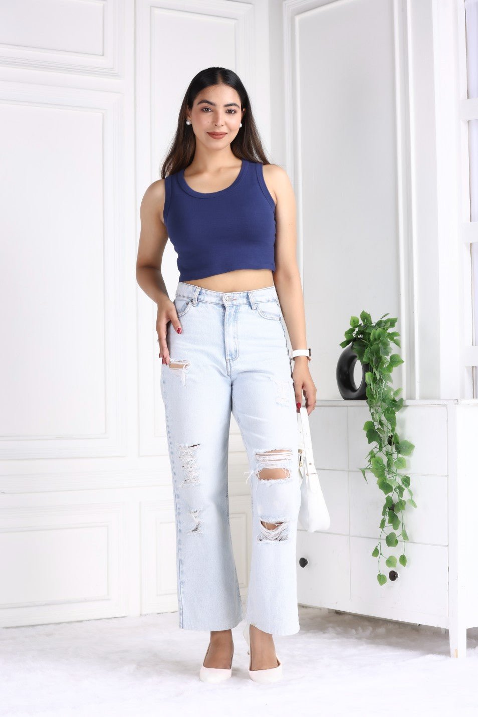 Navy Rib Crop Vest [ 100% USA HQ Cotton, 280 GSM non transparent fabric ] - Rib crop vest