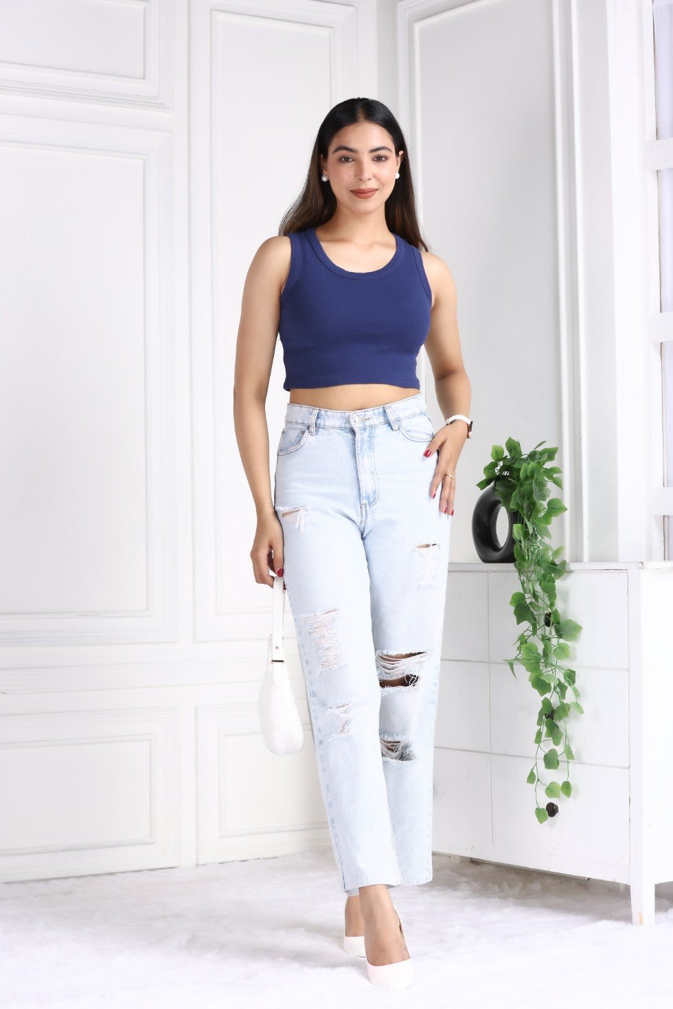 Navy Rib Crop Vest [ 100% USA HQ Cotton, 280 GSM non transparent fabric ] - Rib crop vest