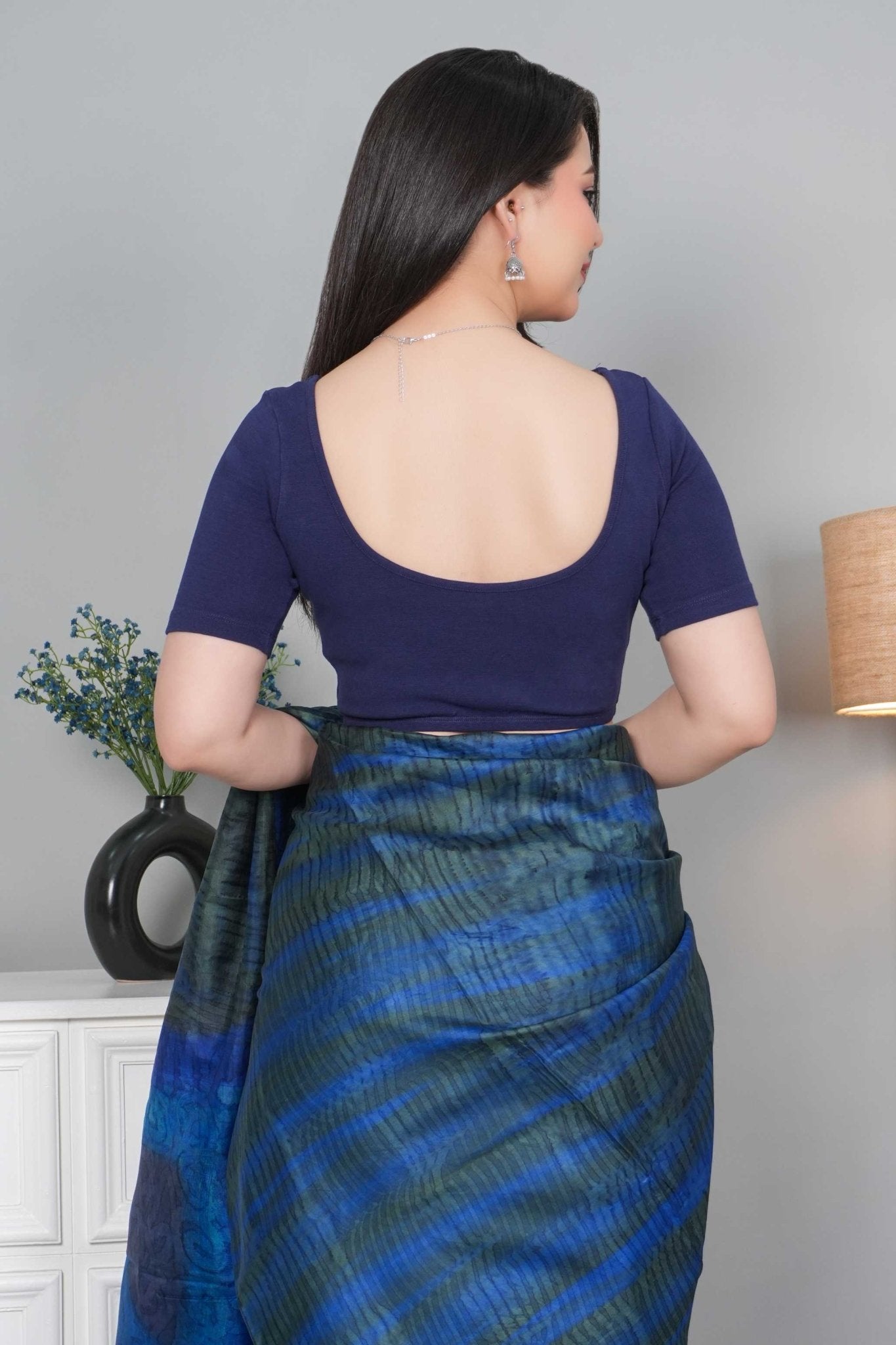 Navy Rib Roundneck Half Sleeve Blouse [ 100% USA HQ Cotton, 280 GSM non transparent fabric ] - Rib blouse