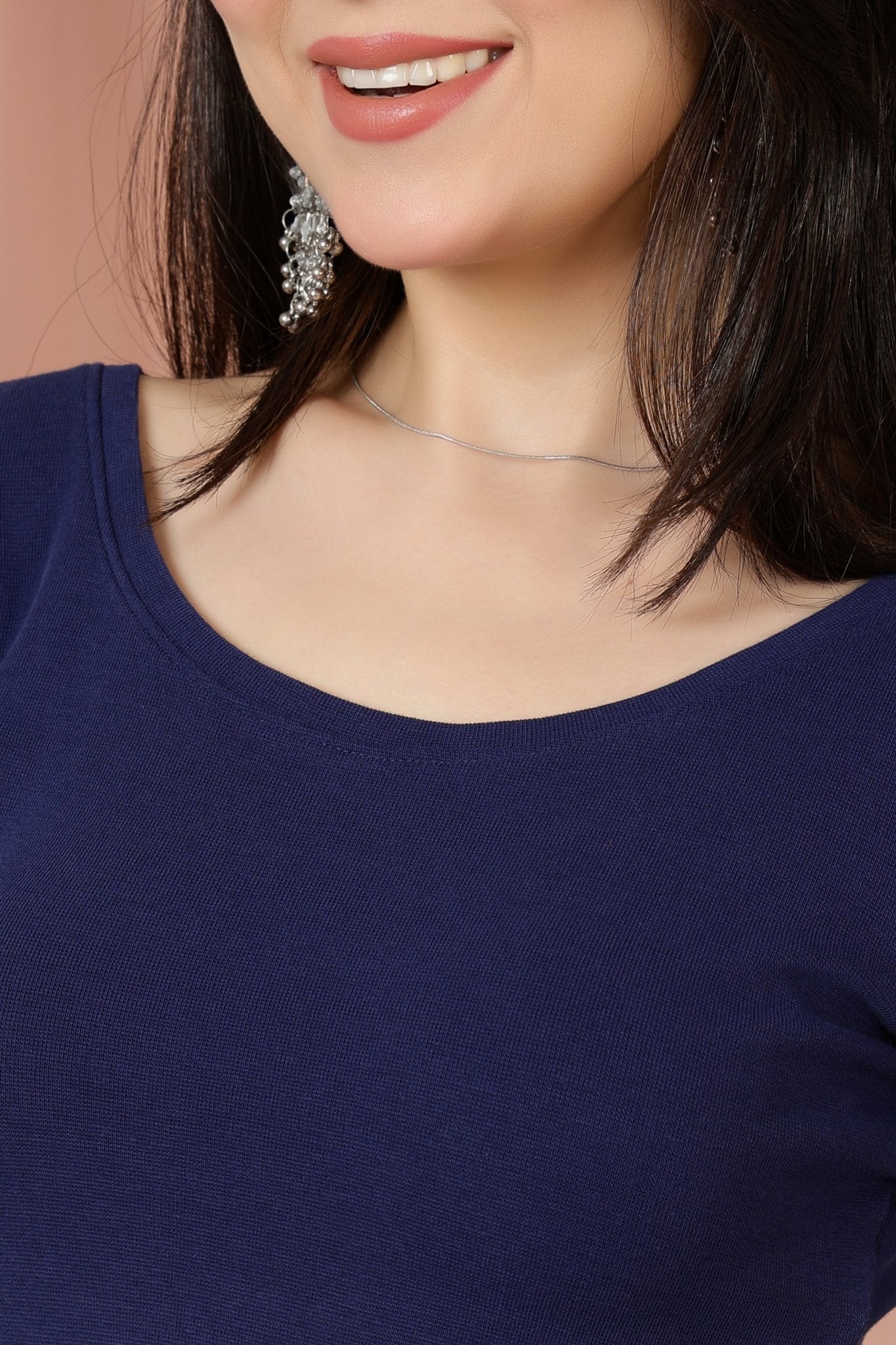 Navy Rib Roundneck Half Sleeve Blouse [ 100% USA HQ Cotton, 280 GSM non transparent fabric ] -Rib blouse