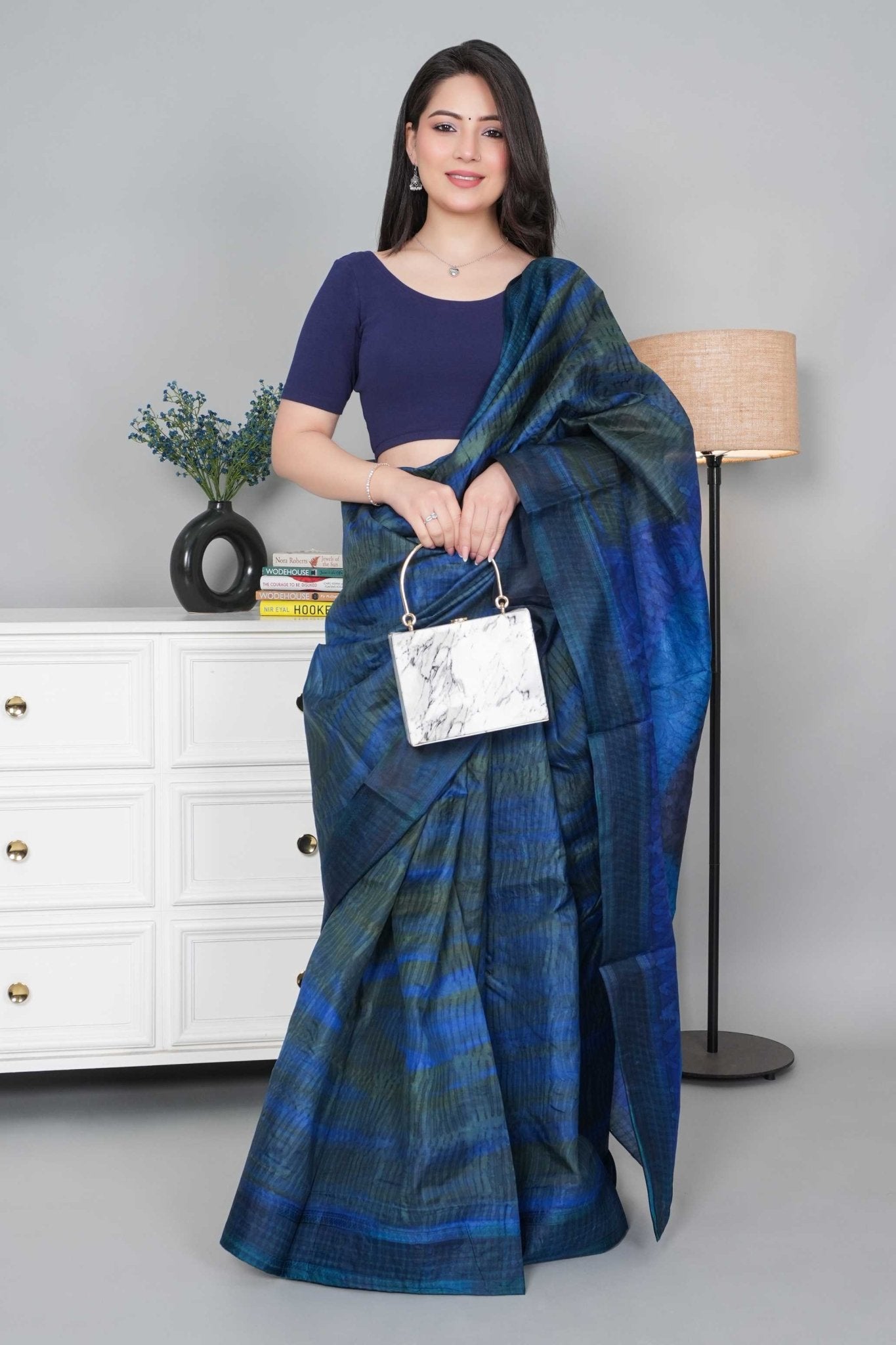 Navy Rib Roundneck Half Sleeve Blouse [ 100% USA HQ Cotton, 280 GSM non transparent fabric ] - Rib blouse