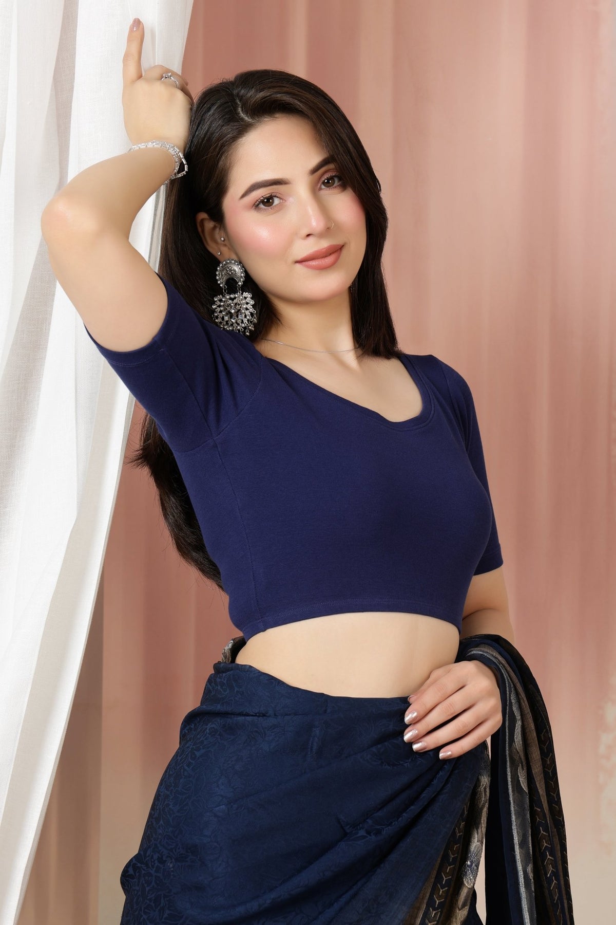 Navy Rib Roundneck Half Sleeve Blouse [ 100% USA HQ Cotton, 280 GSM non transparent fabric ] -Rib blouse