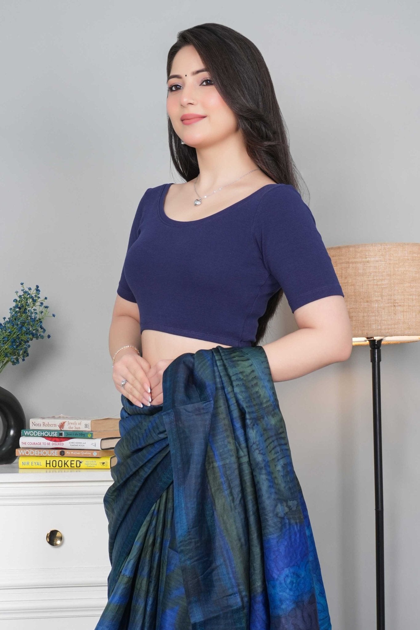 Navy Rib Roundneck Half Sleeve Blouse [ 100% USA HQ Cotton, 280 GSM non transparent fabric ] - Rib blouse