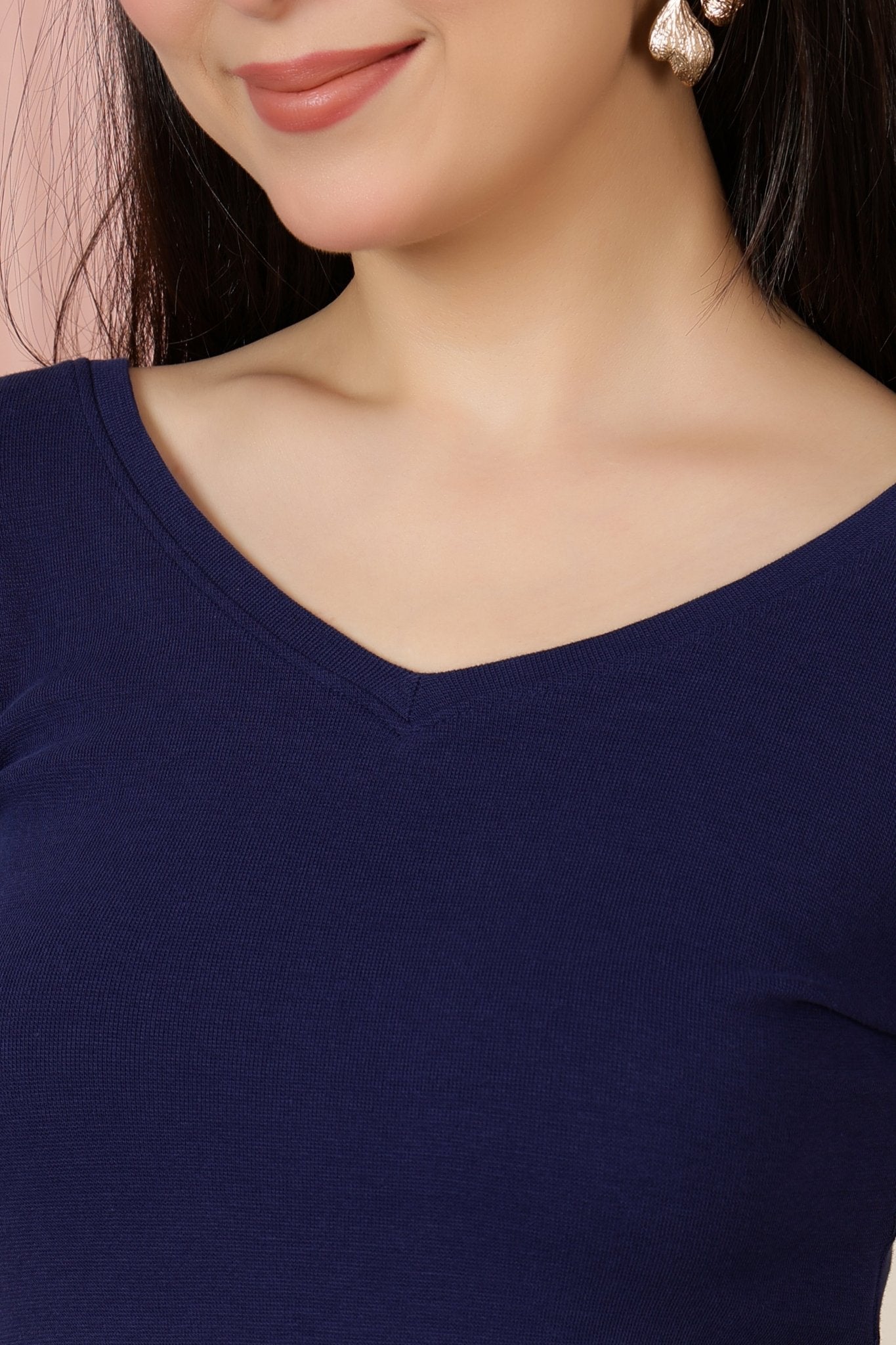 Navy Rib V Neck 3/4 Sleeve Blouse [ 100% USA HQ Cotton, 280 GSM non transparent fabric ] -Rib blouse
