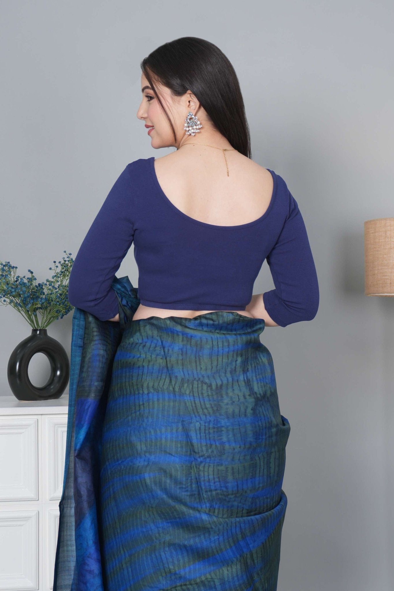 Navy Rib V Neck 3/4 Sleeve Blouse [ 100% USA HQ Cotton, 280 GSM non transparent fabric ] - Rib blouse