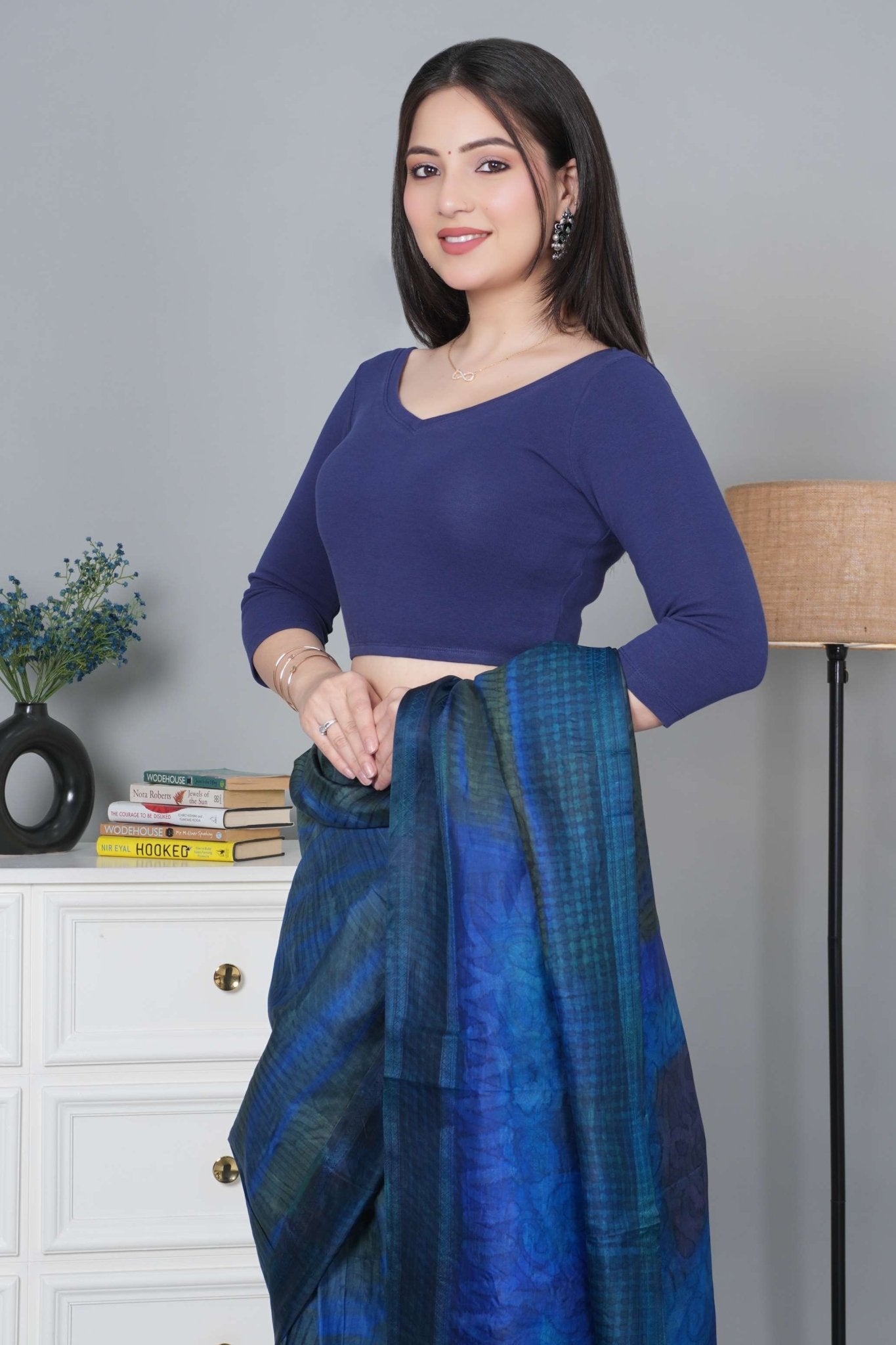 Navy Rib V Neck 3/4 Sleeve Blouse [ 100% USA HQ Cotton, 280 GSM non transparent fabric ] - Rib blouse