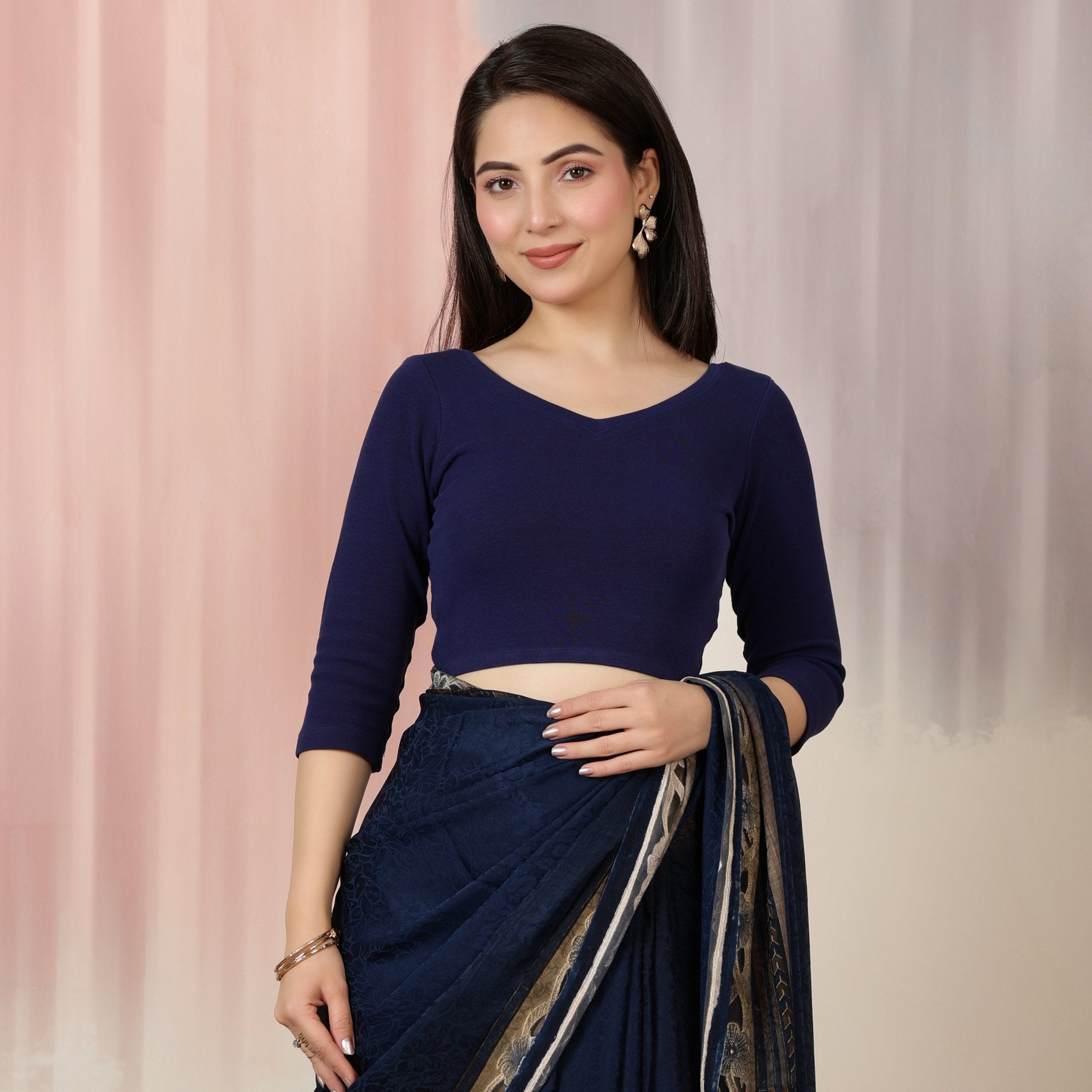 Navy Rib V Neck 3/4 Sleeve Blouse [ 100% USA HQ Cotton, 280 GSM non transparent fabric ] -Rib blouse