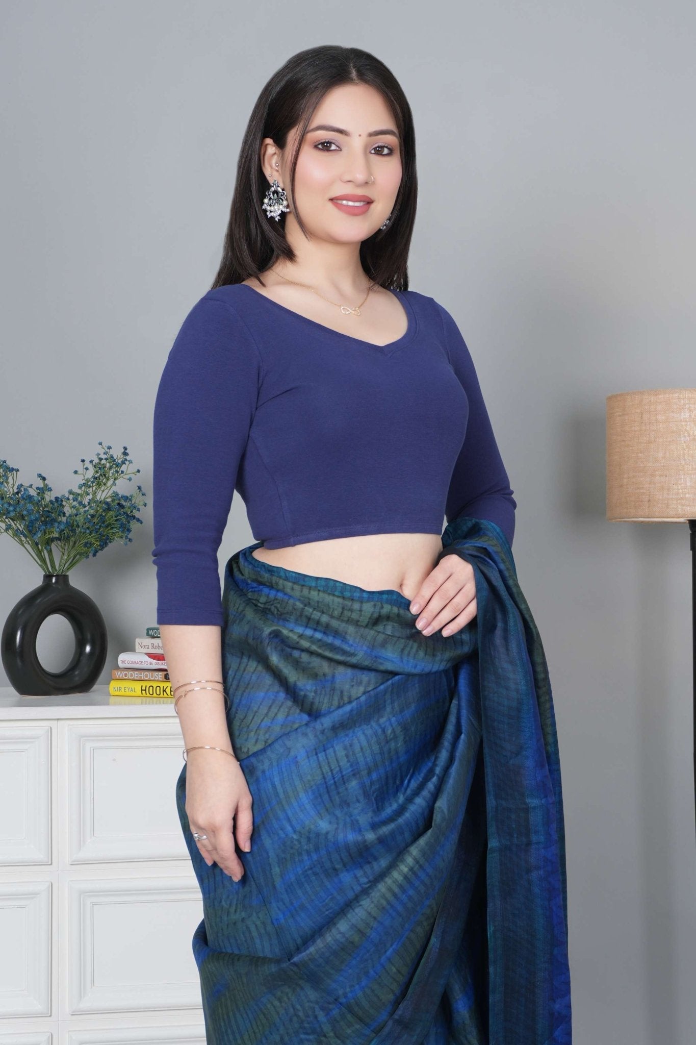 Navy Rib V Neck 3/4 Sleeve Blouse [ 100% USA HQ Cotton, 280 GSM non transparent fabric ] - Rib blouse