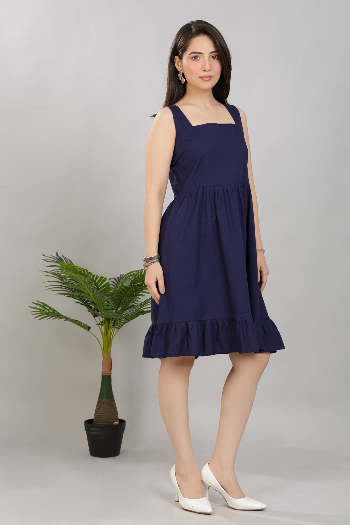 Navy square neck strap dress [100% pure cotton] -Cotton midi dress