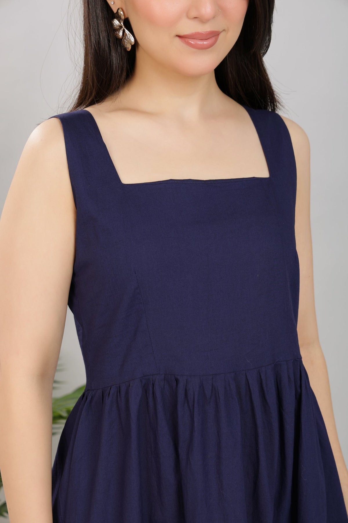 Navy square neck strap dress [100% pure cotton] -Cotton midi dress