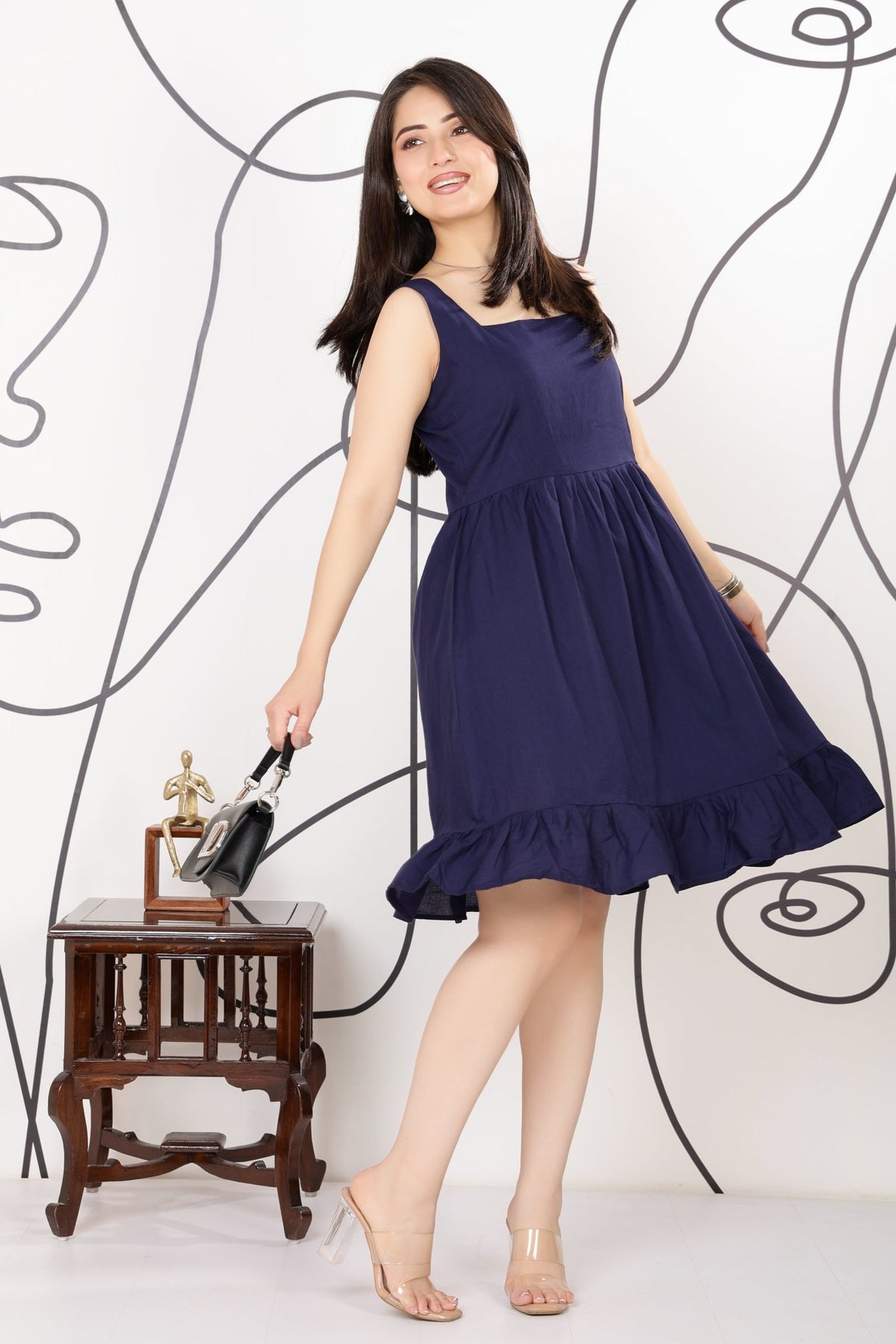 Navy square neck strap dress [100% pure cotton] -Cotton midi dress