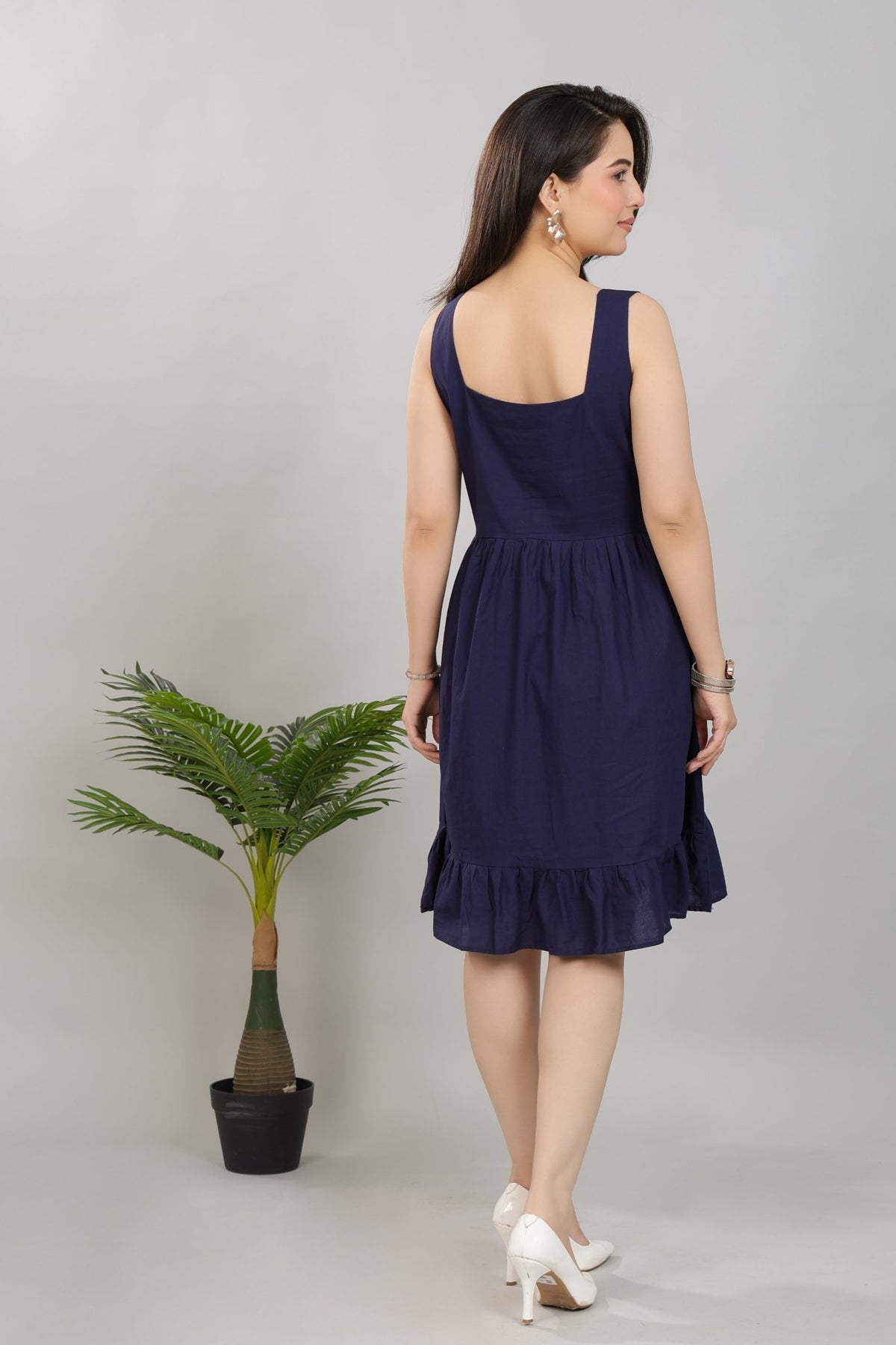 Navy square neck strap dress [100% pure cotton] -Cotton midi dress
