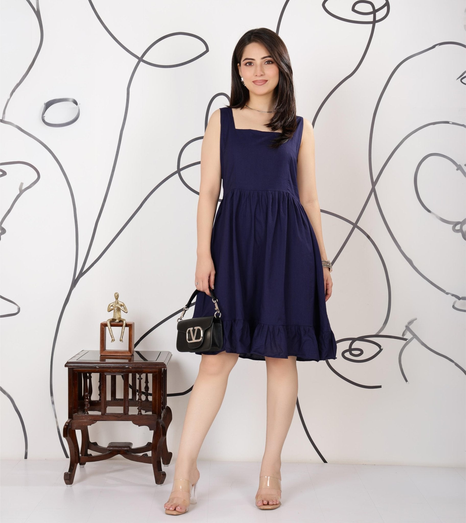 Navy square neck strap dress [100% pure cotton] -Cotton midi dress
