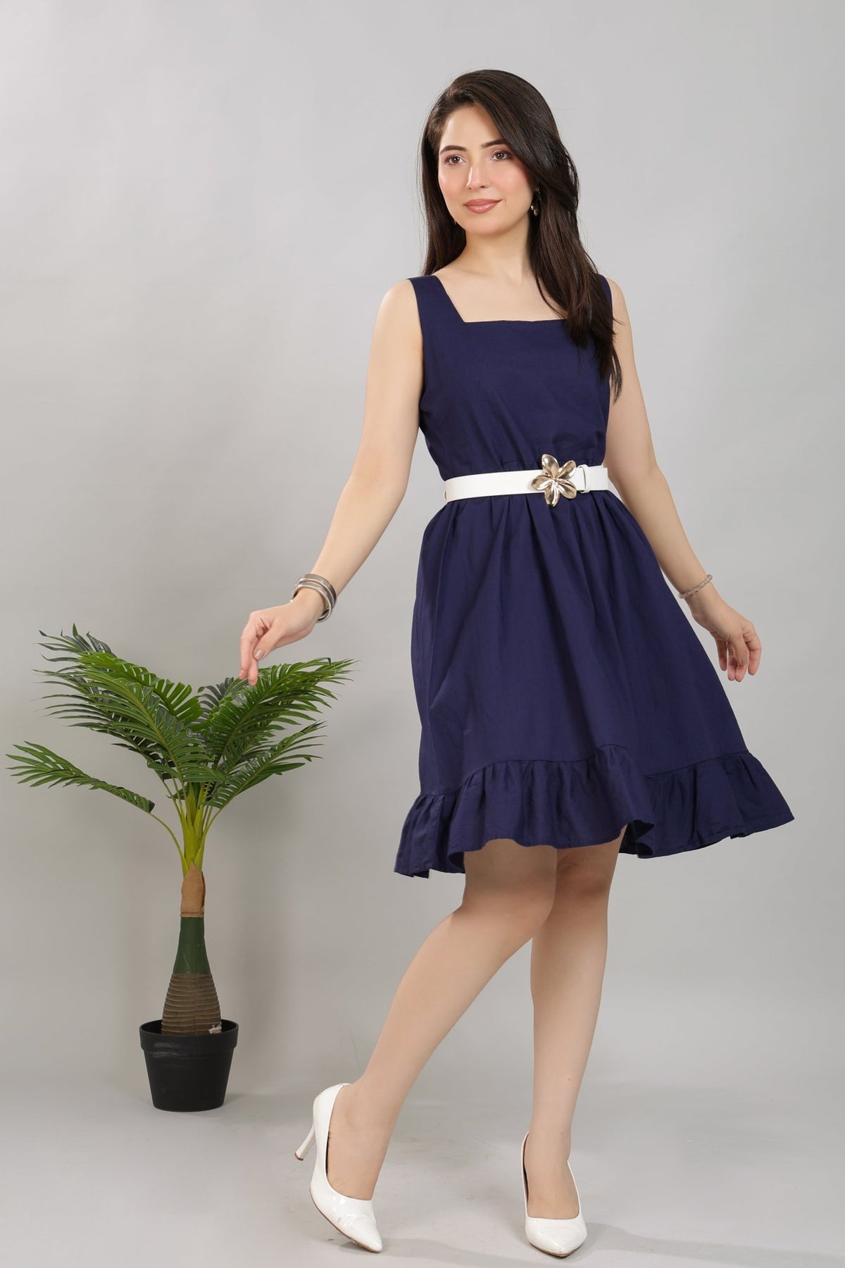 Navy square neck strap dress [100% pure cotton] -Cotton midi dress