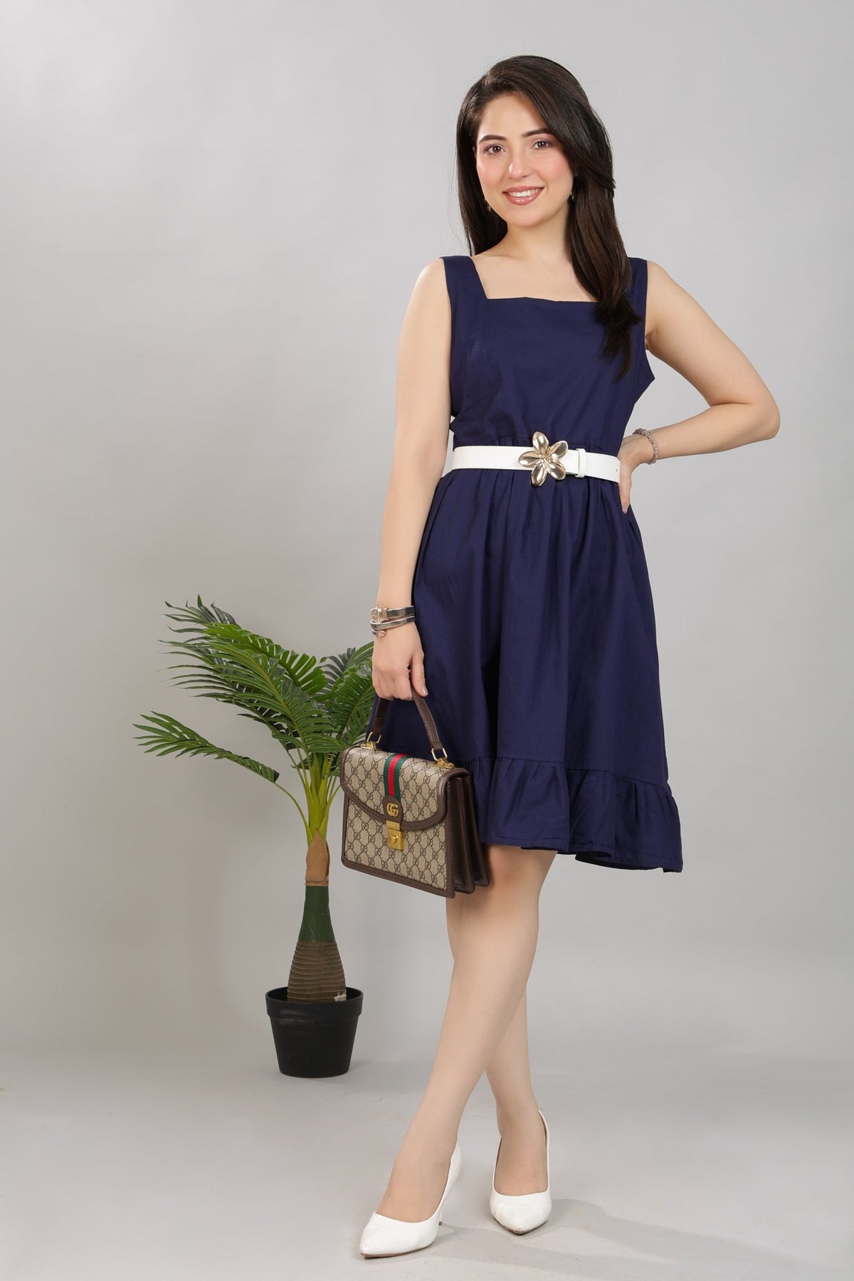 Navy square neck strap dress [100% pure cotton] -Cotton midi dress