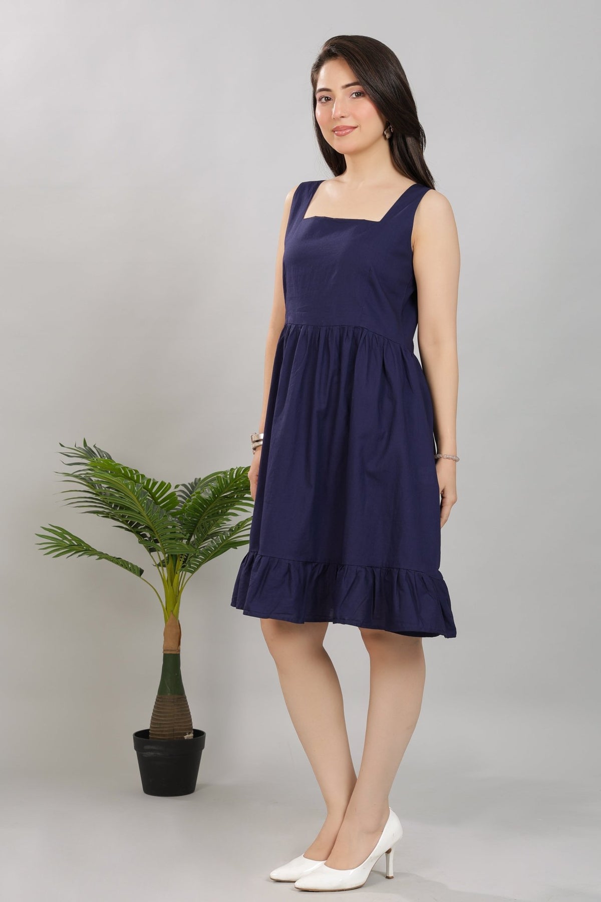 Navy square neck strap dress [100% pure cotton] -Cotton midi dress