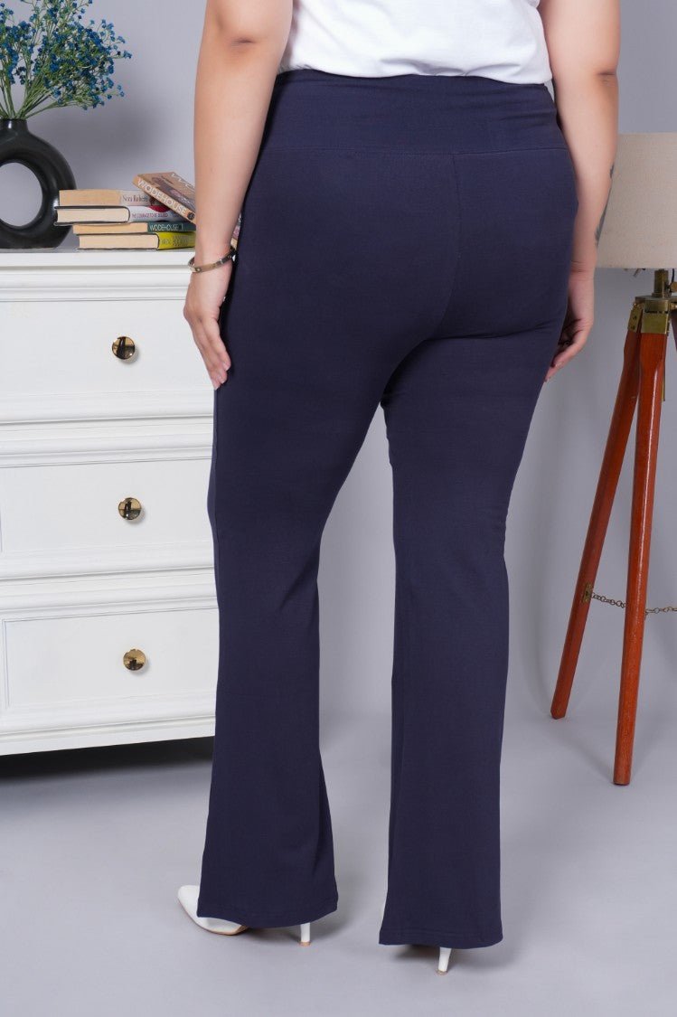 Navy stretchable biowash cotton flare pants with superior elastic belt. - Cotton flare