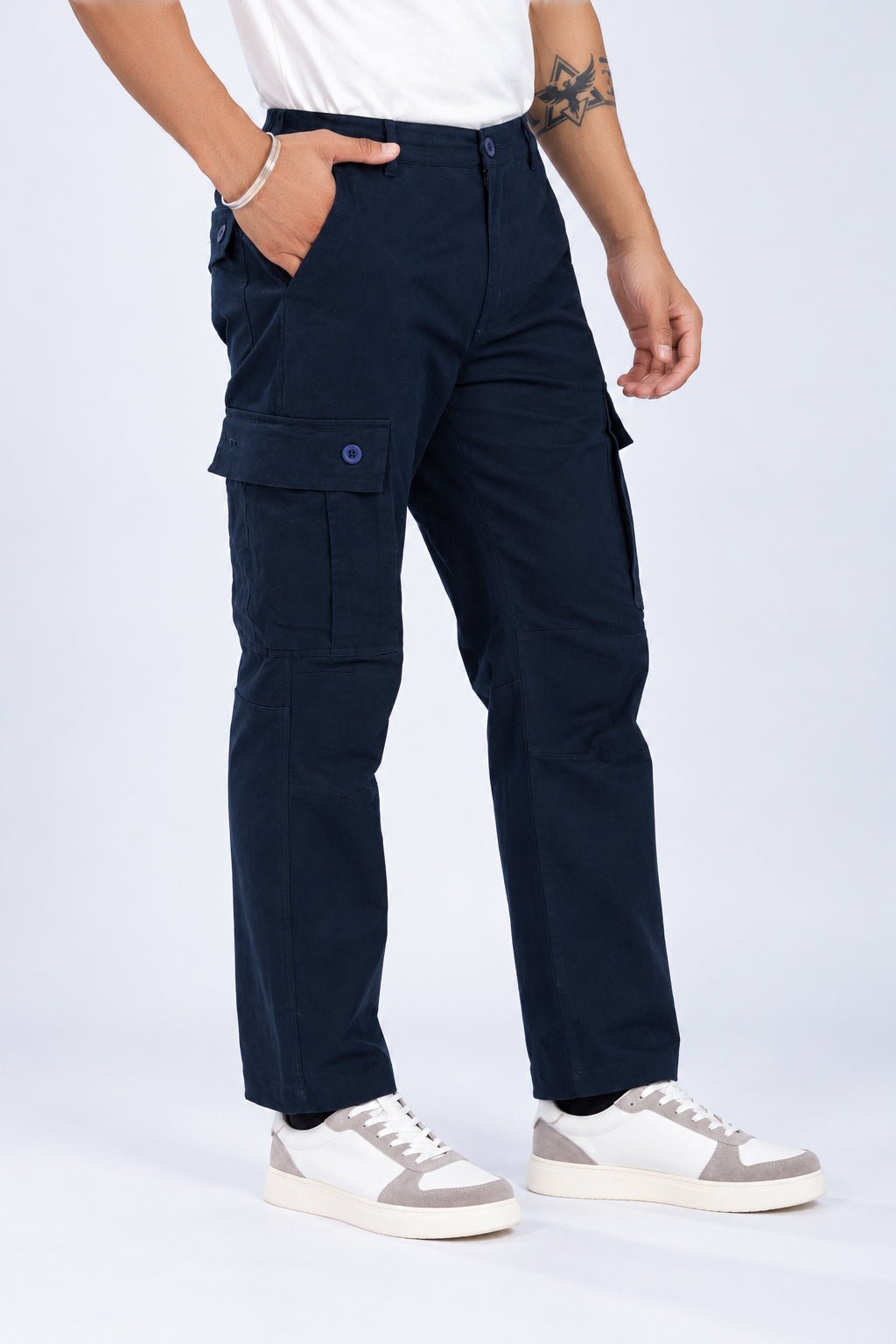Navy stretchable biowash HQ cotton travel cargo bottom with superior elastic belt. -Travel Cargo Pants