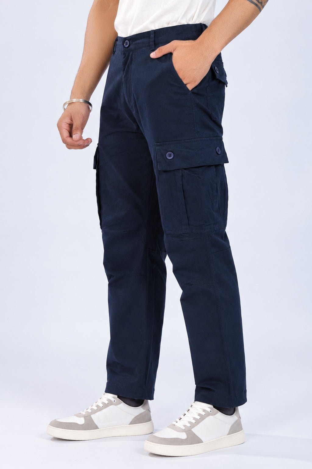 Navy stretchable biowash HQ cotton travel cargo bottom with superior elastic belt. -Travel Cargo Pants