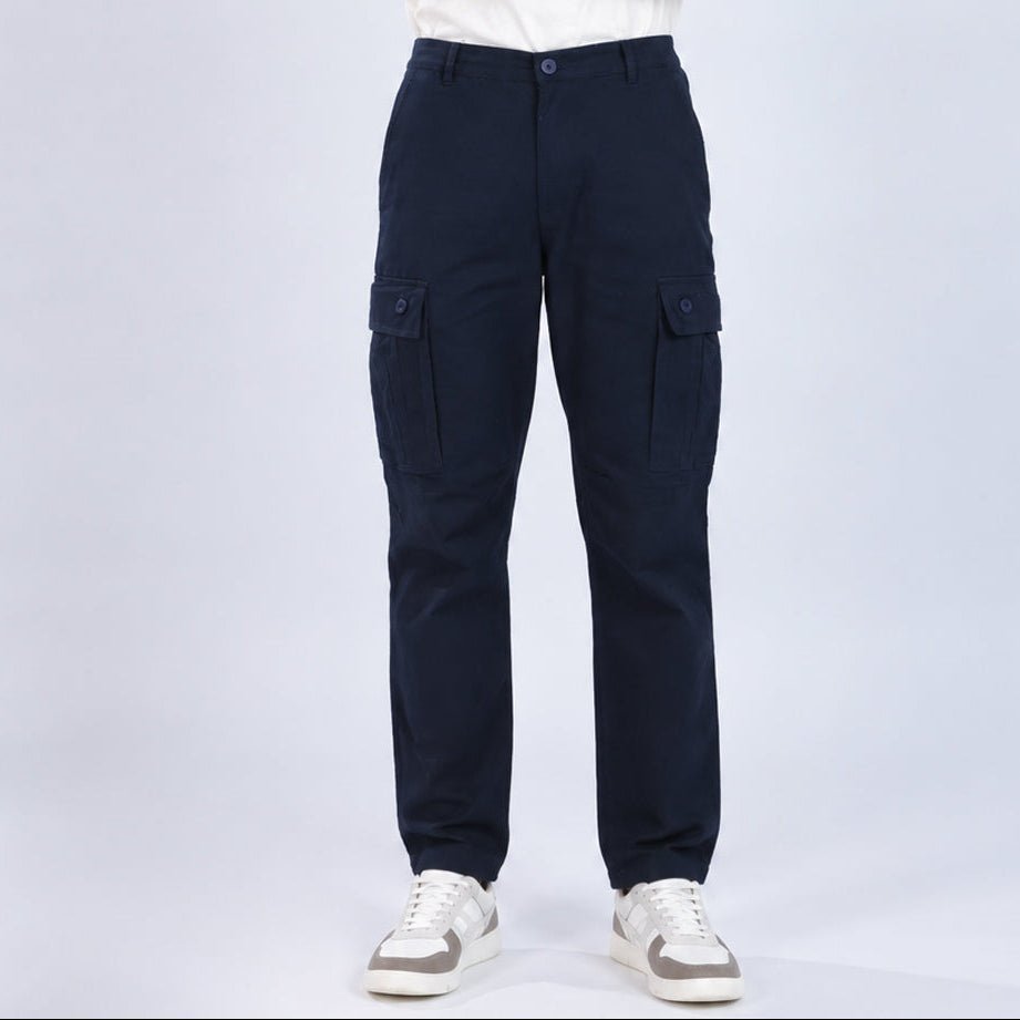 Navy stretchable biowash HQ cotton travel cargo bottom with superior elastic belt. -Travel Cargo Pants