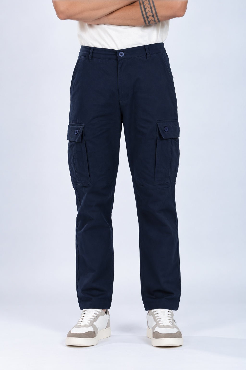 Navy stretchable biowash HQ cotton travel cargo bottom with superior elastic belt. -Travel Cargo Pants