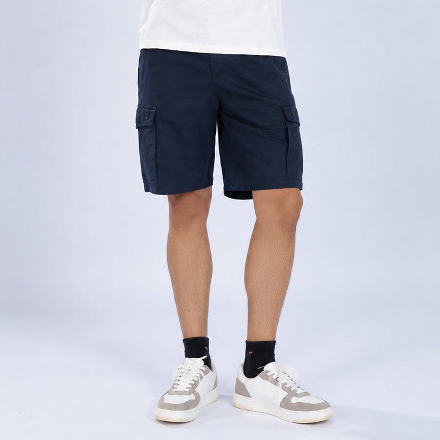 Navy stretchable biowash HQ cotton travel shorts with superior elastic belt. -Travel shorts