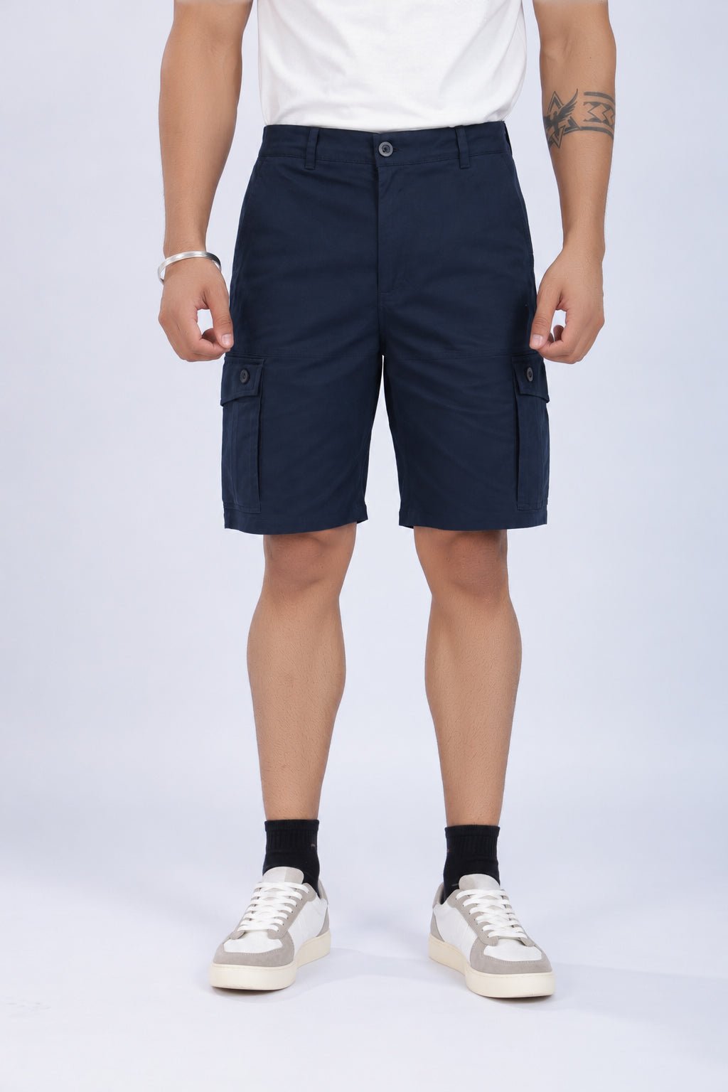 Navy stretchable biowash HQ cotton travel shorts with superior elastic belt. -Travel shorts