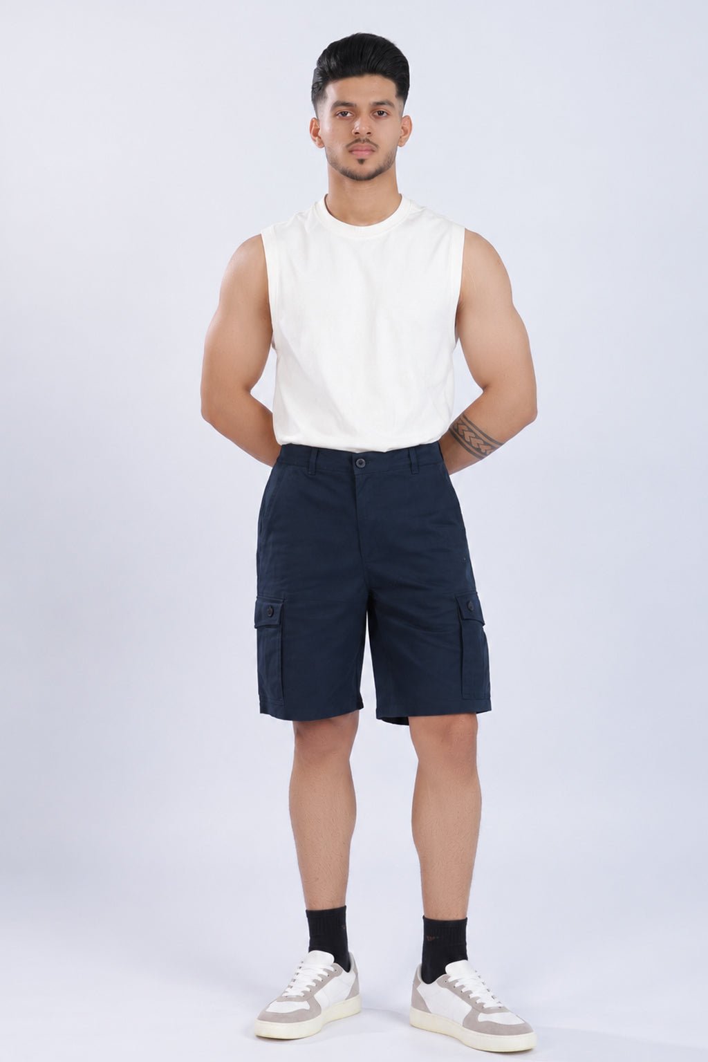 Navy stretchable biowash HQ cotton travel shorts with superior elastic belt. -Travel shorts