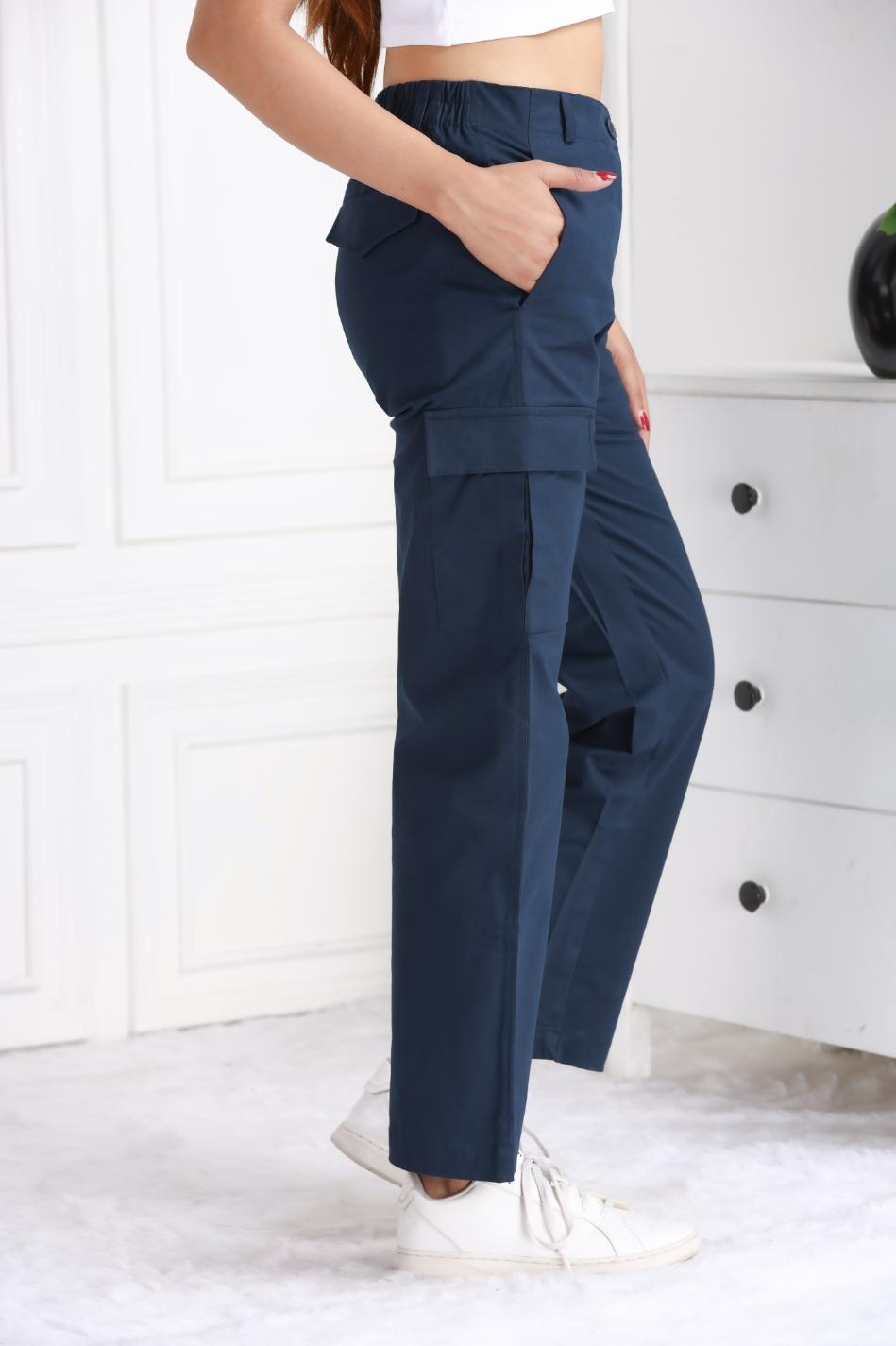 Navy stretchable biowash USA HQ cotton travel cargo pant with superior elastic belt. - Travel Cargo Pants