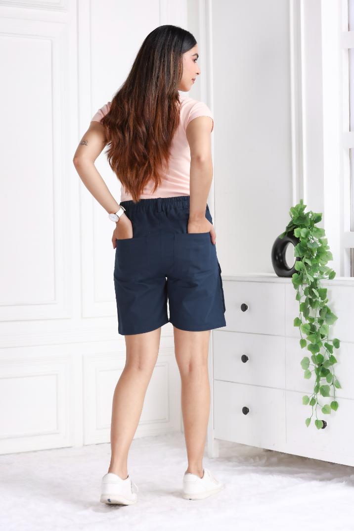 Navy stretchable biowash USA HQ cotton travel shorts with superior elastic belt. - Travel shorts