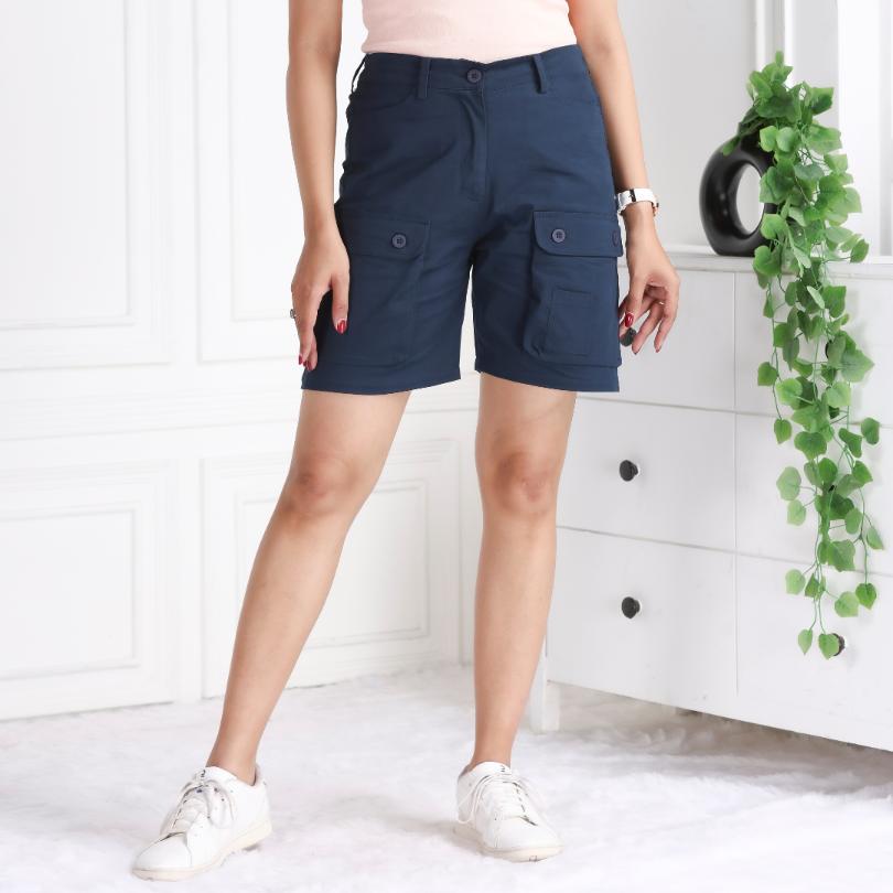 Navy stretchable biowash USA HQ cotton travel shorts with superior elastic belt. - Travel shorts