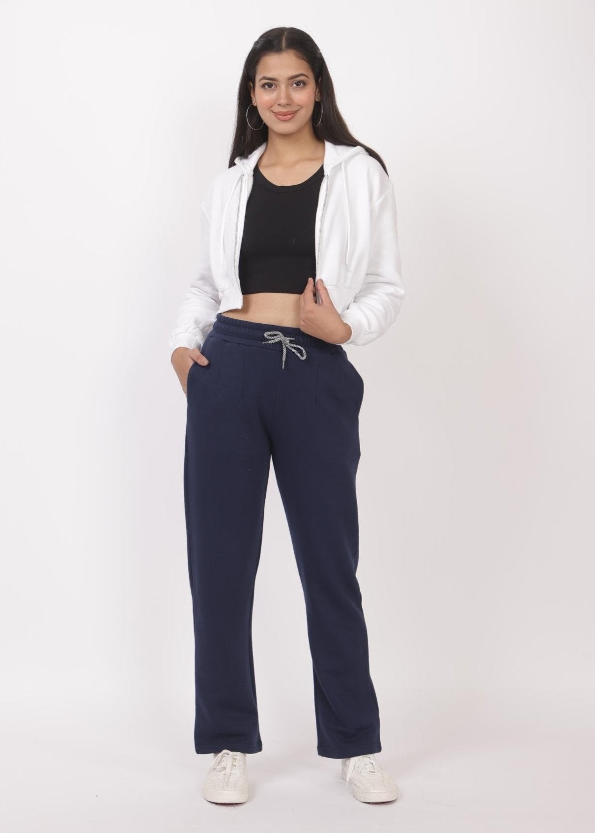 Navy stretchable biowash USA HQ winter fleece cotton cigarette pencil pants with superior elastic belt. [Straight fit] - Winter straight pant