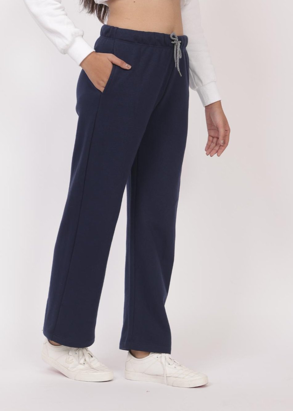 Navy stretchable biowash USA HQ winter fleece cotton flare pants with superior elastic belt. - Winter flare pant