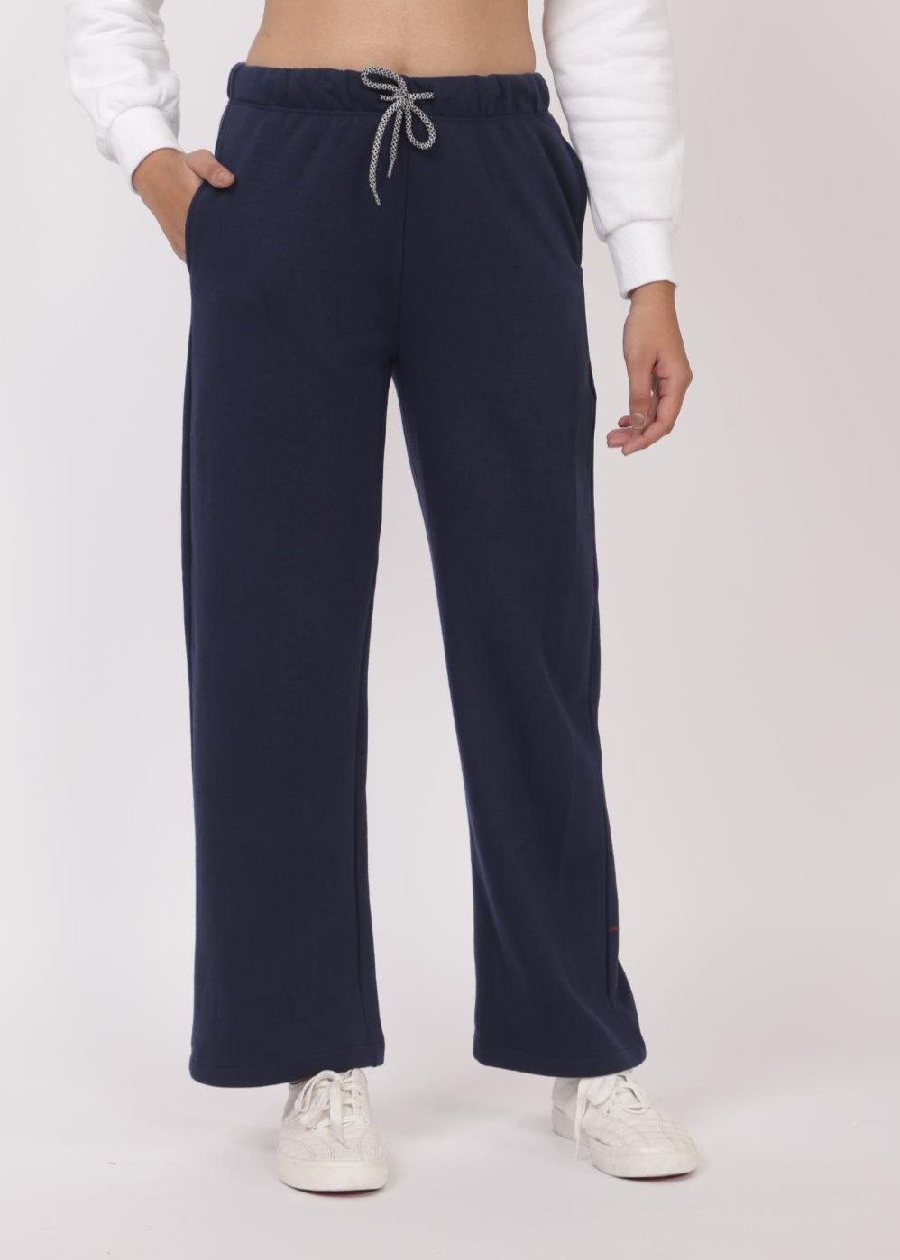 Navy stretchable biowash USA HQ winter fleece cotton flare pants with superior elastic belt. - Winter flare pant