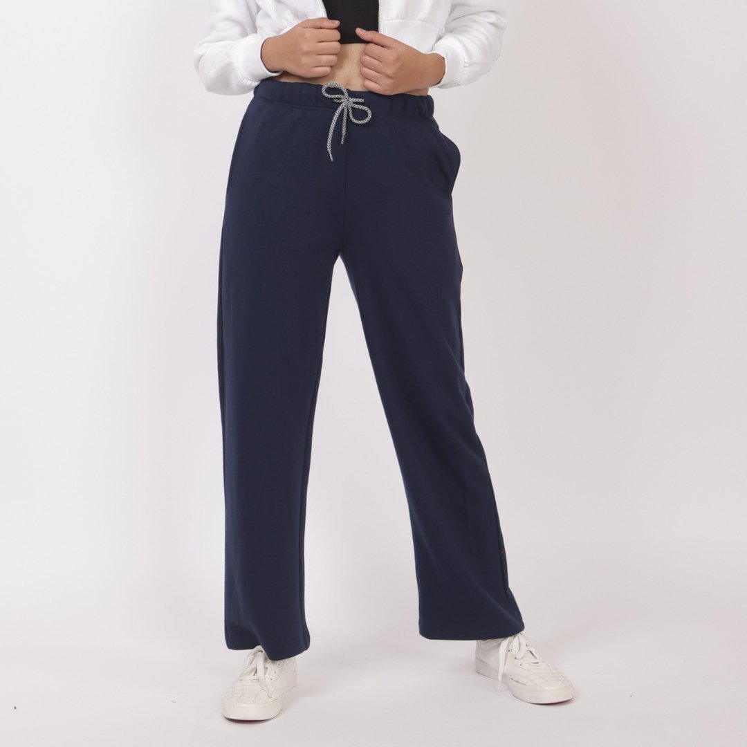 Navy stretchable biowash USA HQ winter fleece cotton flare pants with superior elastic belt. - Winter flare pant