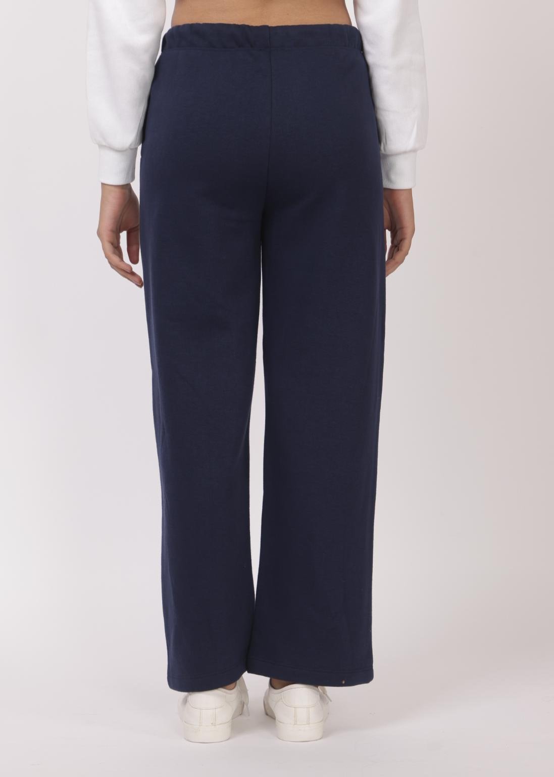 Navy stretchable biowash USA HQ winter fleece cotton flare pants with superior elastic belt. - Winter flare pant