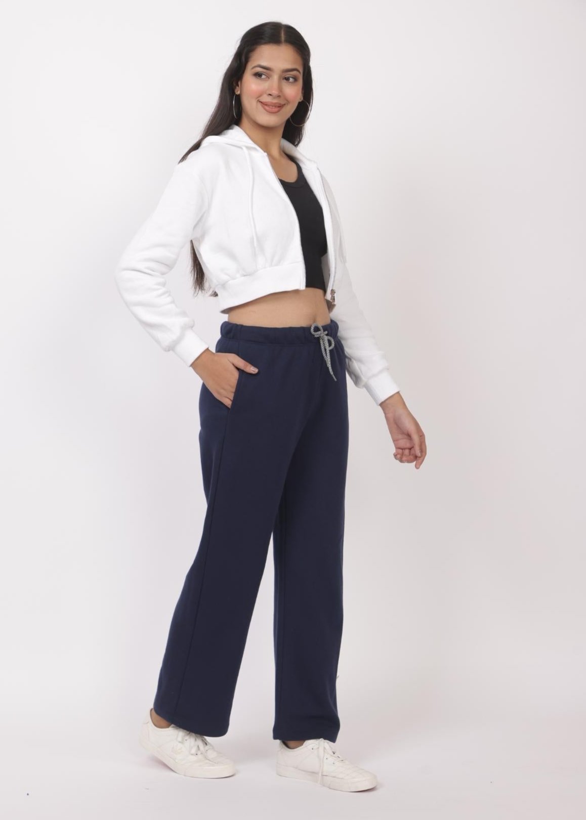 Navy stretchable biowash USA HQ winter fleece cotton flare pants with superior elastic belt. - Winter flare pant