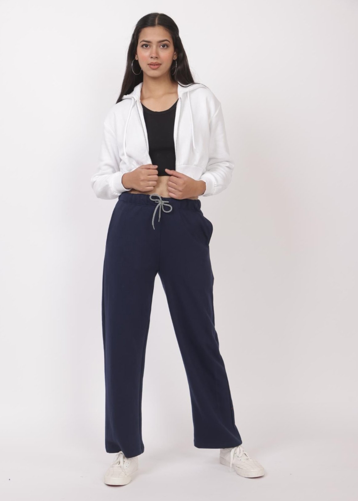 Navy stretchable biowash USA HQ winter fleece cotton flare pants with superior elastic belt. - Winter flare pant