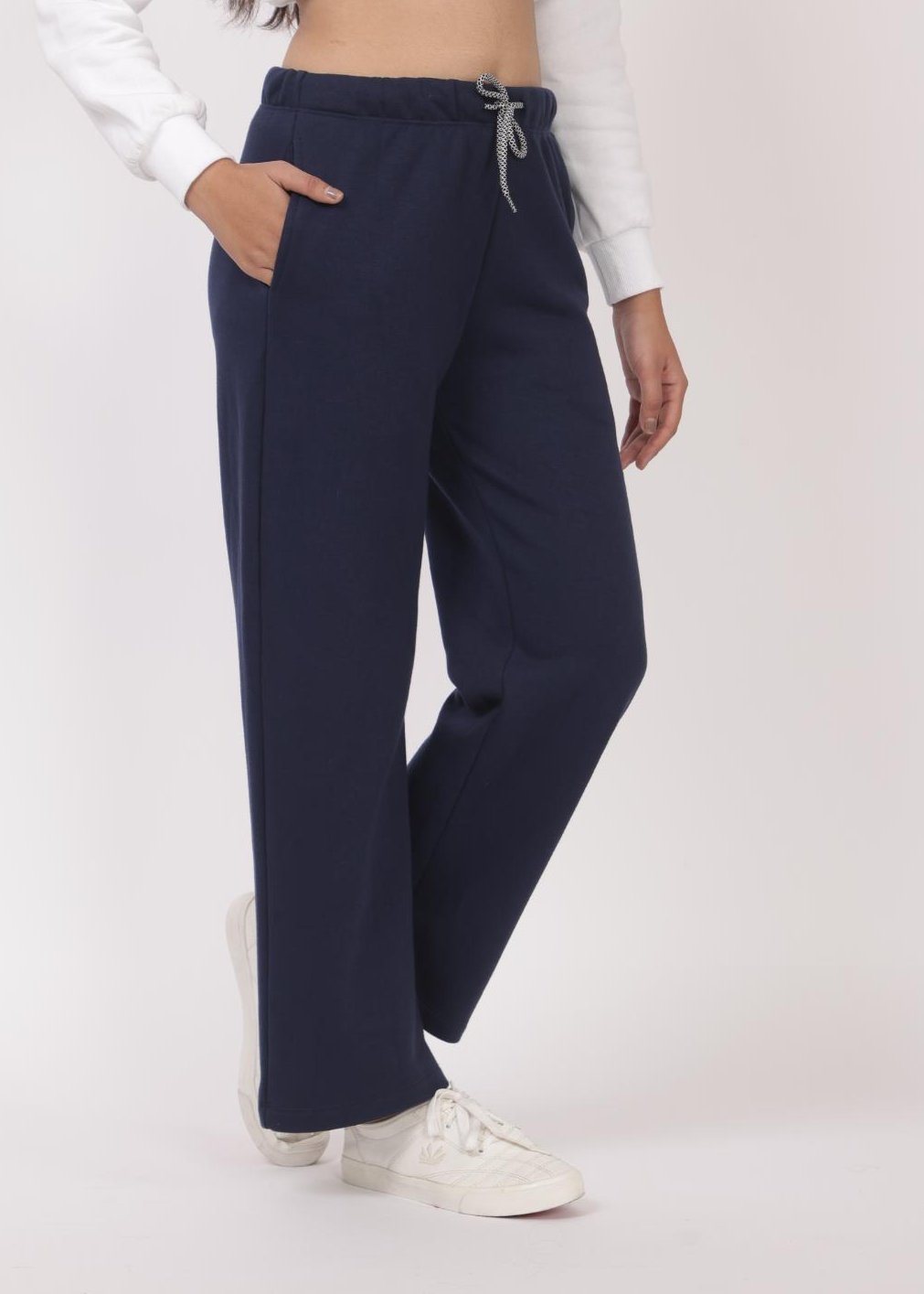 Navy stretchable biowash USA HQ winter fleece cotton flare pants with superior elastic belt. - Winter flare pant